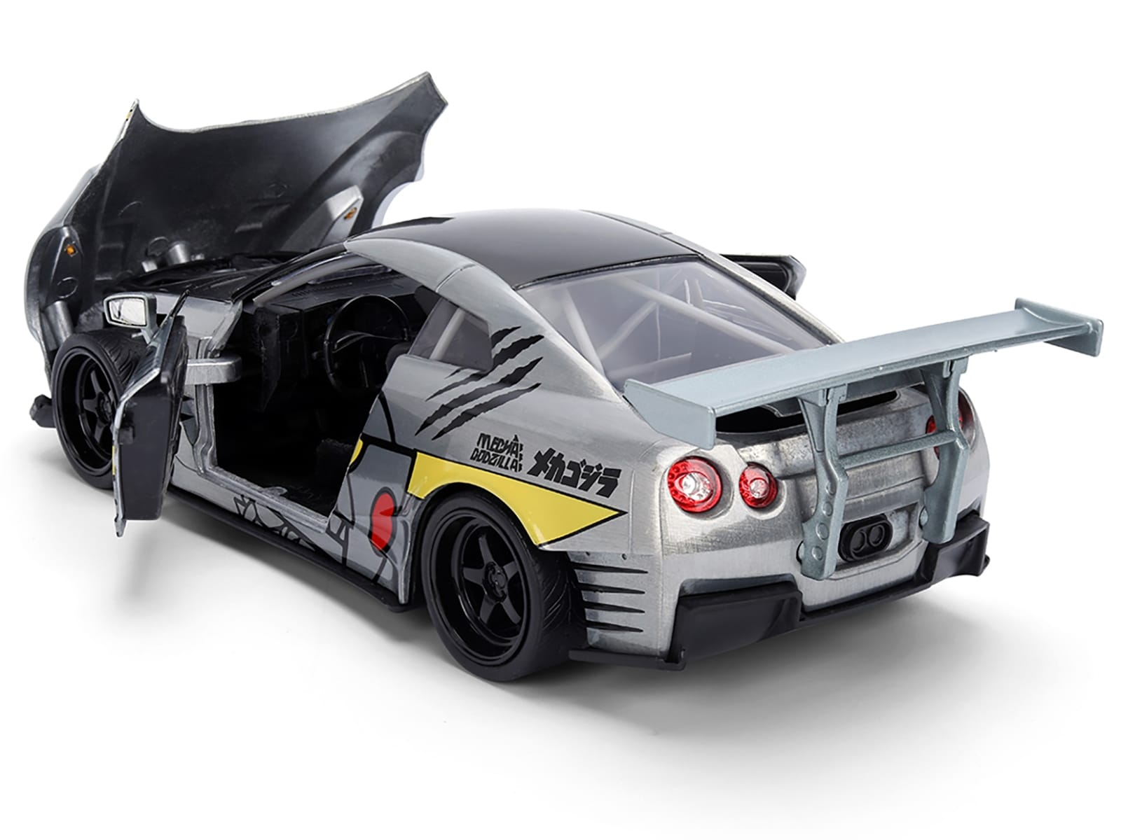 2009 Nissan GT-R (R35) Ben Sopra Brushed Metal with Black Top and Graphics and Mechagodzilla Diecast Figure "Godzilla" Franchise "Anime Hollywood Rides" Series 1/24 Diecast Model by Jada - Image 4