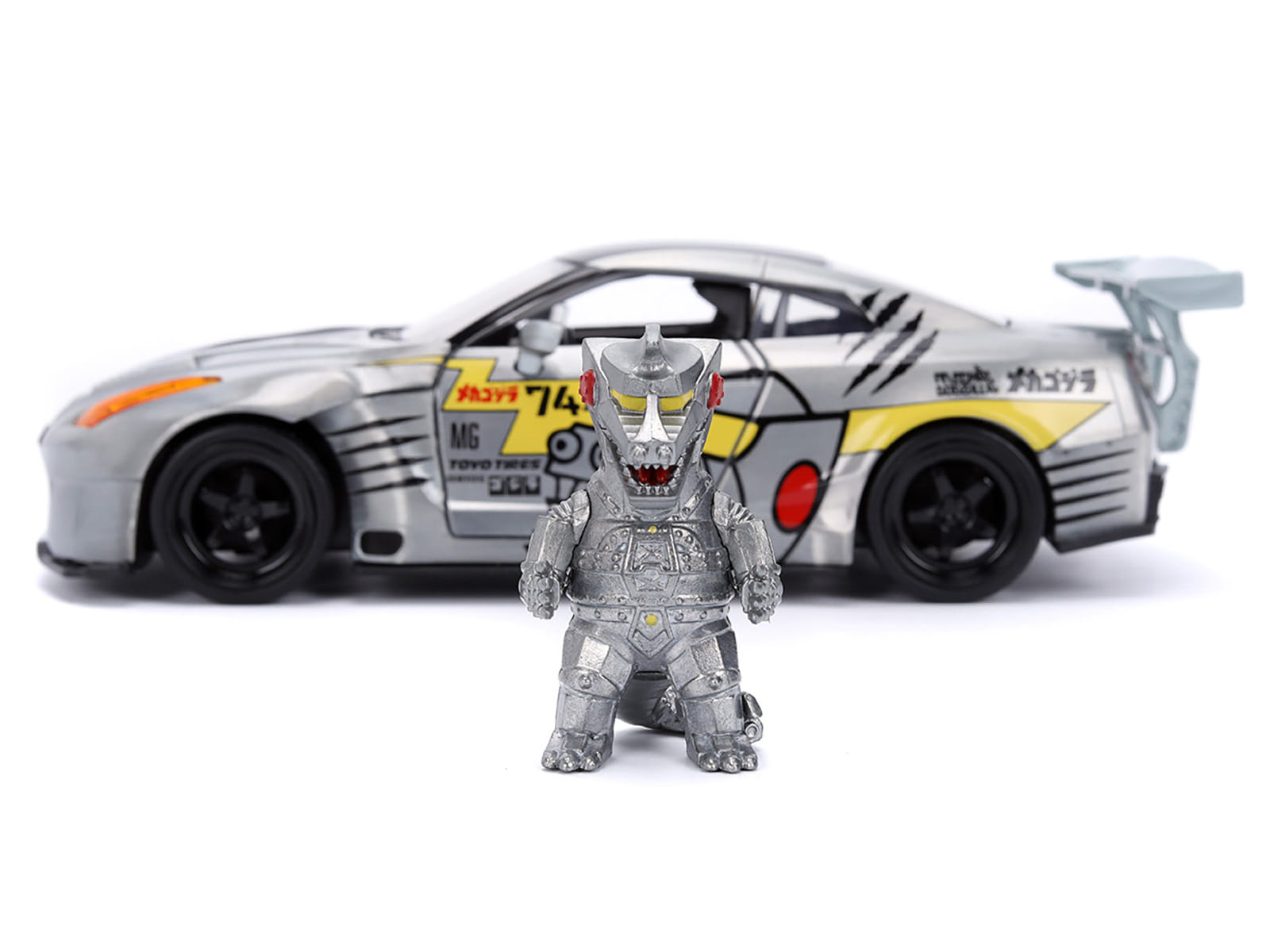 2009 Nissan GT-R (R35) Ben Sopra Brushed Metal with Black Top and Graphics and Mechagodzilla Diecast Figure "Godzilla" Franchise "Anime Hollywood Rides" Series 1/24 Diecast Model by Jada - Image 5