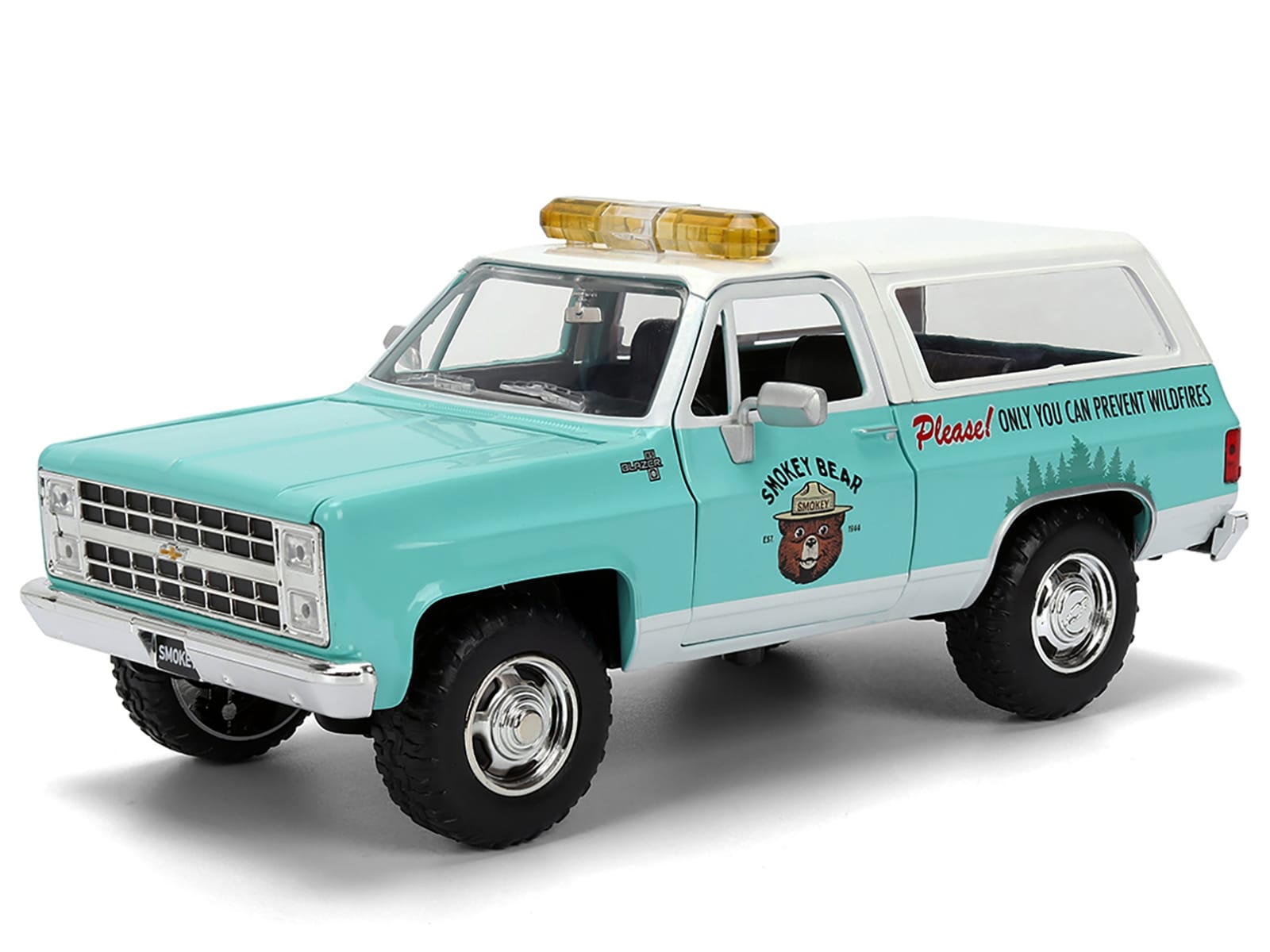 1980 Chevrolet Blazer Light Green with White Top and Graphics and Smokey Bear Diecast Figure "Smokey Bear" "Hollywood Rides" Series 1/24 Diecast Model by Jada - Image 2