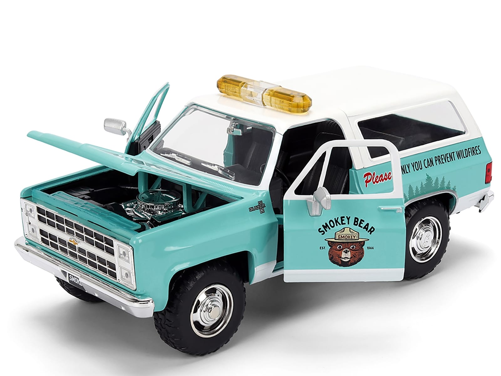 1980 Chevrolet Blazer Light Green with White Top and Graphics and Smokey Bear Diecast Figure "Smokey Bear" "Hollywood Rides" Series 1/24 Diecast Model by Jada - Image 3