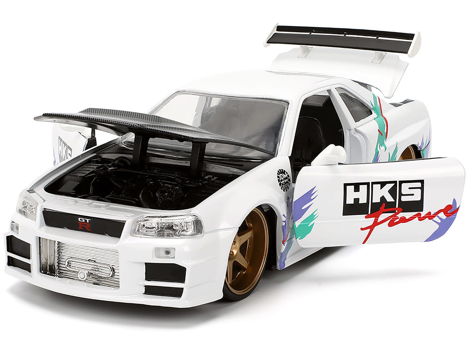 2002 Nissan Skyline GT-R (R34) RHD (Right Hand Drive) "HKS Power" White with Carbon Hood and Graphics "JDM Tuners" Series 1/24 Diecast Model Car by Jada - Image 3