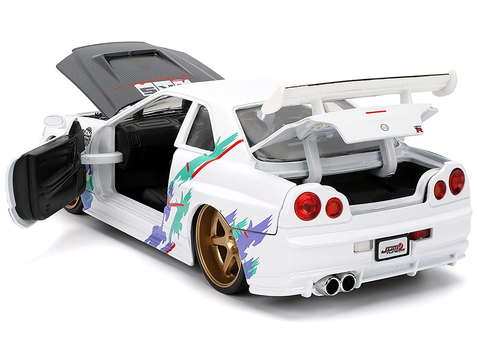 2002 Nissan Skyline GT-R (R34) RHD (Right Hand Drive) "HKS Power" White with Carbon Hood and Graphics "JDM Tuners" Series 1/24 Diecast Model Car by Jada - Image 4