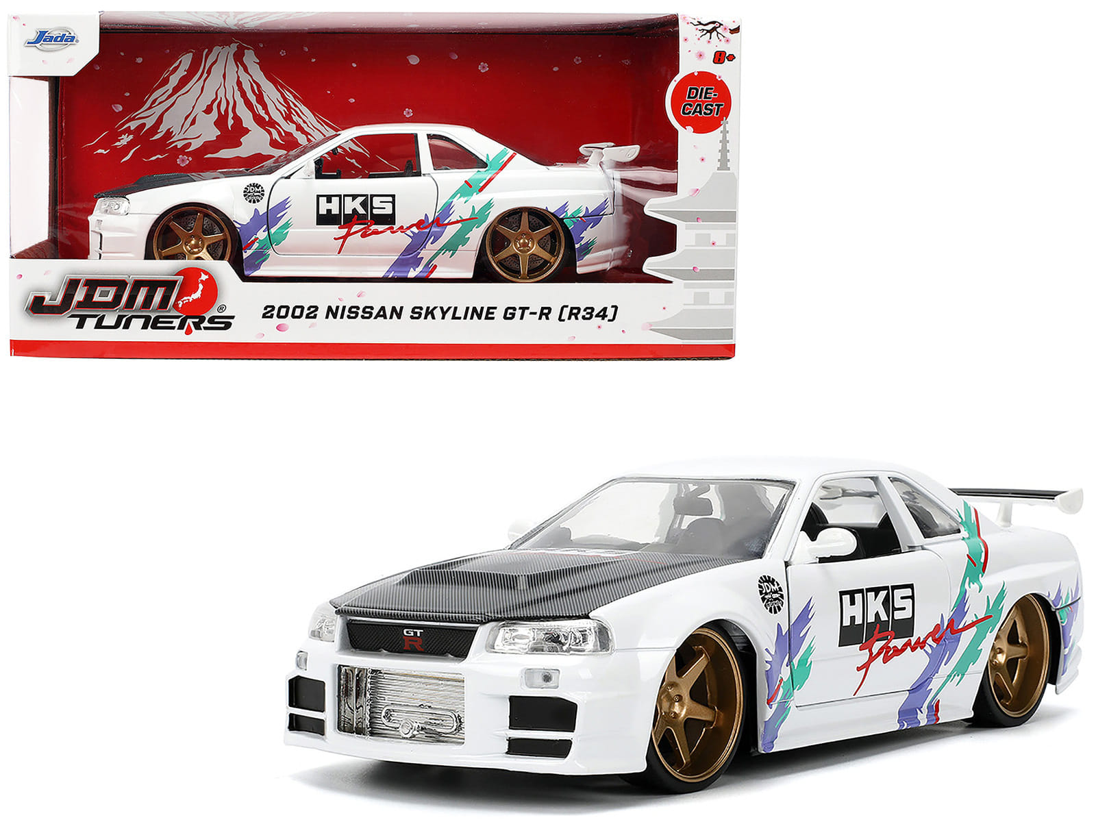2002 Nissan Skyline GT-R (R34) RHD (Right Hand Drive) "HKS Power" White with Carbon Hood and Graphics "JDM Tuners" Series 1/24 Diecast Model Car by Jada - Image 5