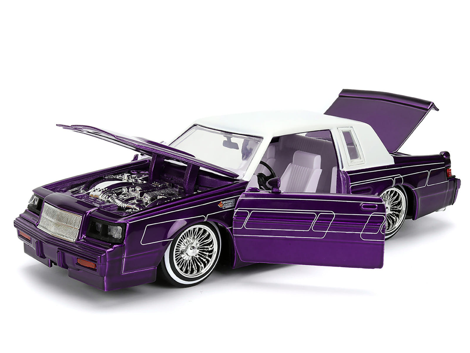 1987 Buick Grand National Candy Purple with Graphics and White Top and Interior "Bigtime Muscle" Series 1/24 Diecast Model Car by Jada - Image 2