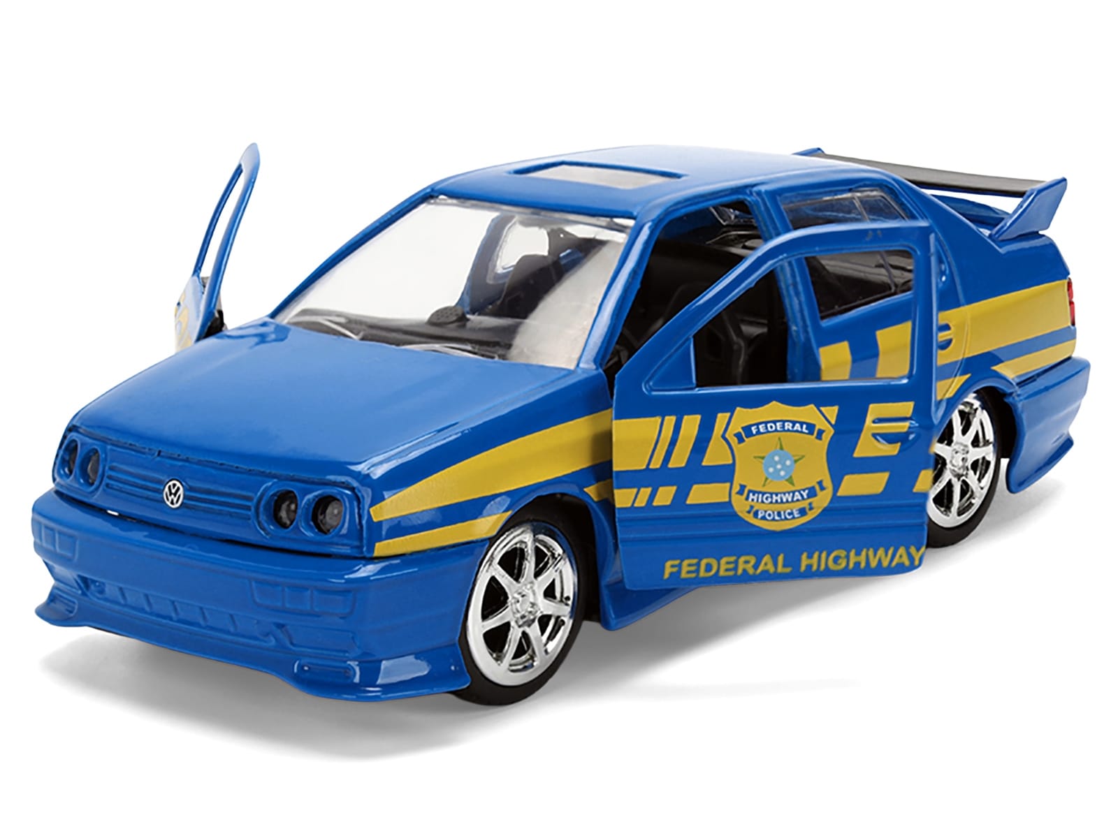 Volkswagen Jetta Police Vehicle "Rio Federal Highway Police" Blue with Yellow Stripes "Fast Five" (2011) Movie "Fast & Furious" Series 1/32 Diecast Model Car by Jada - Image 2
