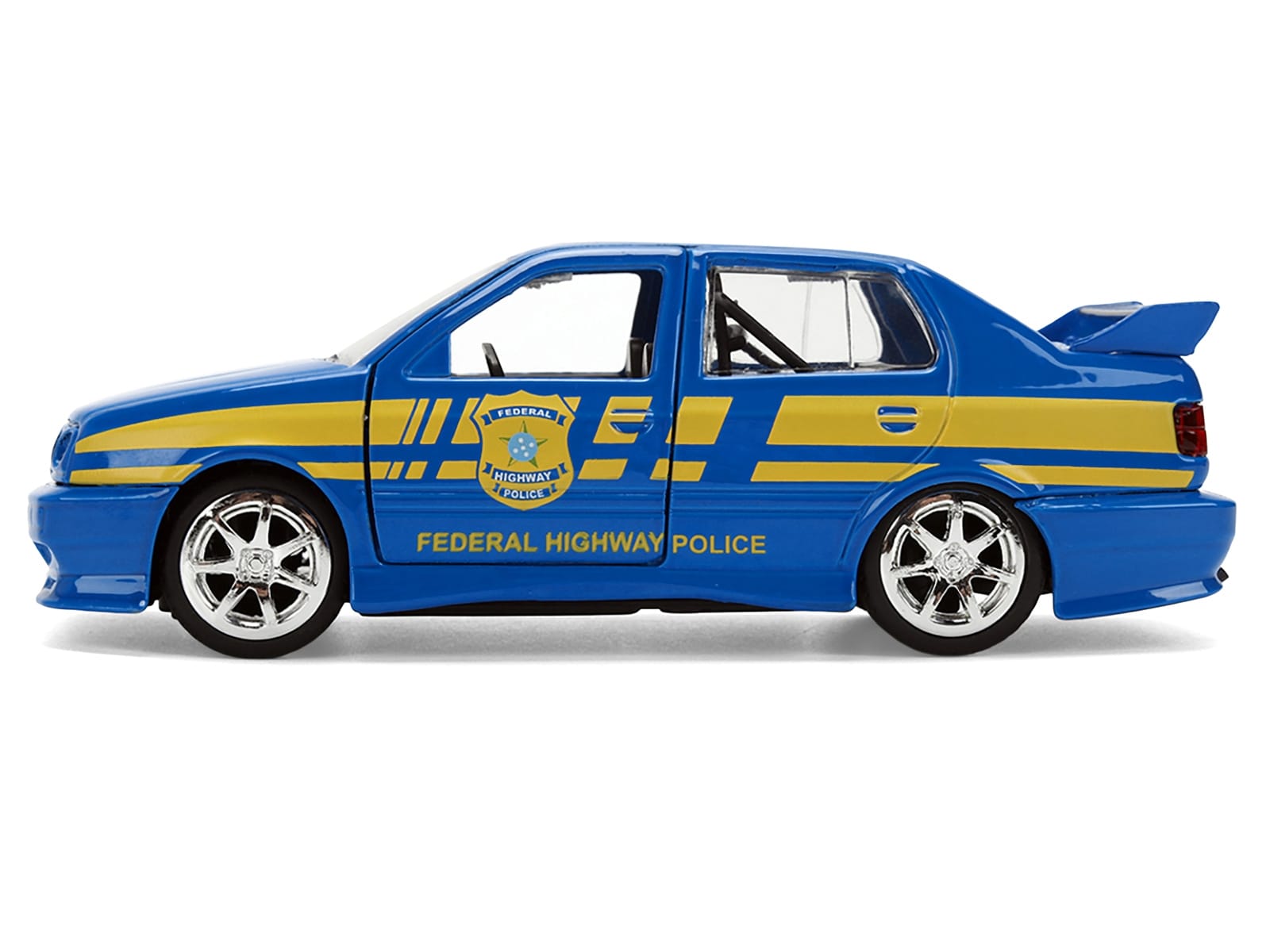 Volkswagen Jetta Police Vehicle "Rio Federal Highway Police" Blue with Yellow Stripes "Fast Five" (2011) Movie "Fast & Furious" Series 1/32 Diecast Model Car by Jada - Image 3