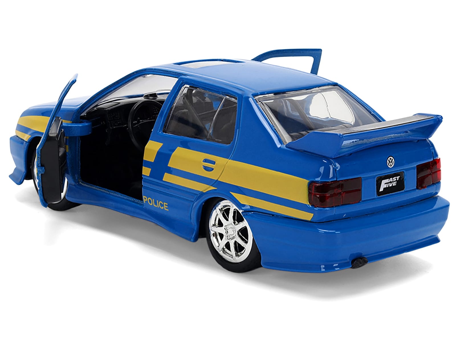 Volkswagen Jetta Police Vehicle "Rio Federal Highway Police" Blue with Yellow Stripes "Fast Five" (2011) Movie "Fast & Furious" Series 1/32 Diecast Model Car by Jada - Image 4