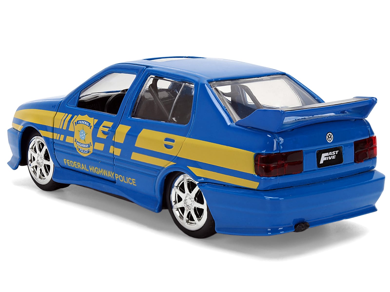 Volkswagen Jetta Police Vehicle "Rio Federal Highway Police" Blue with Yellow Stripes "Fast Five" (2011) Movie "Fast & Furious" Series 1/32 Diecast Model Car by Jada - Image 5