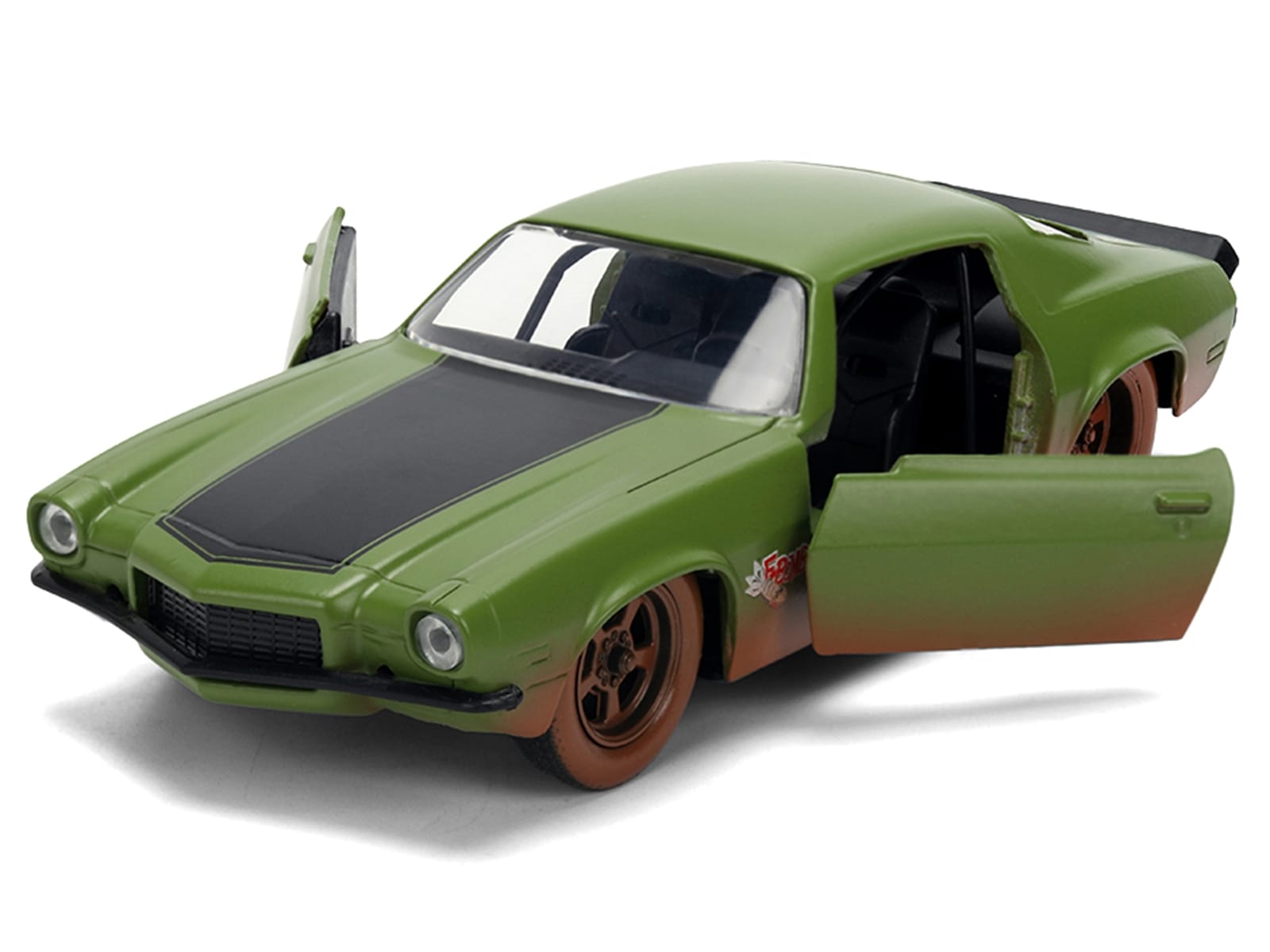 Dom's 1973 Chevrolet Camaro "F-Bomb" Matt Green (Dirty Version) with Black Hood Stripe "Fast & Furious" (2009) Movie "Fast & Furious 25 Years" Series 1/32 Diecast Model Car by Jada - Image 2