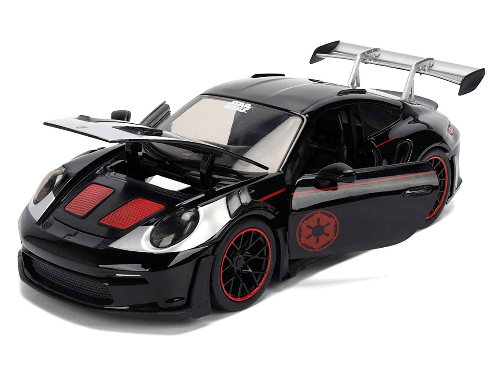 Porsche 911 GT3 RS (992) Black with Silver Hood and Graphics and Darth Vader Figure "Star Wars" Franchise "Hollywood Rides" Series 1/24 Diecast Model Car by Jada - Image 2