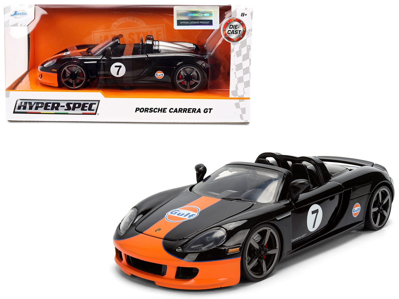 Porsche Carrera GT Convertible #7 "Gulf Oil" Black with Orange Graphics "Hyper-Spec" Series 1/24 Diecast Model Car by Jada