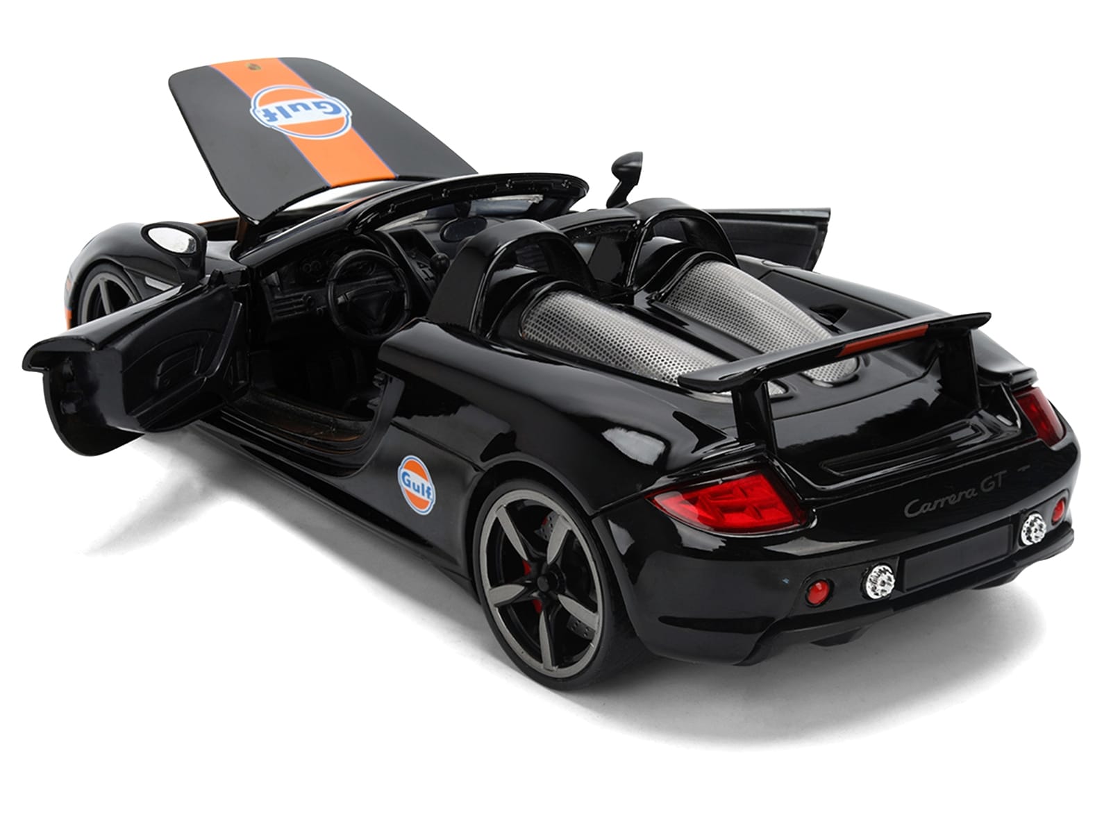 Porsche Carrera GT Convertible #7 "Gulf Oil" Black with Orange Graphics "Hyper-Spec" Series 1/24 Diecast Model Car by Jada - Image 4