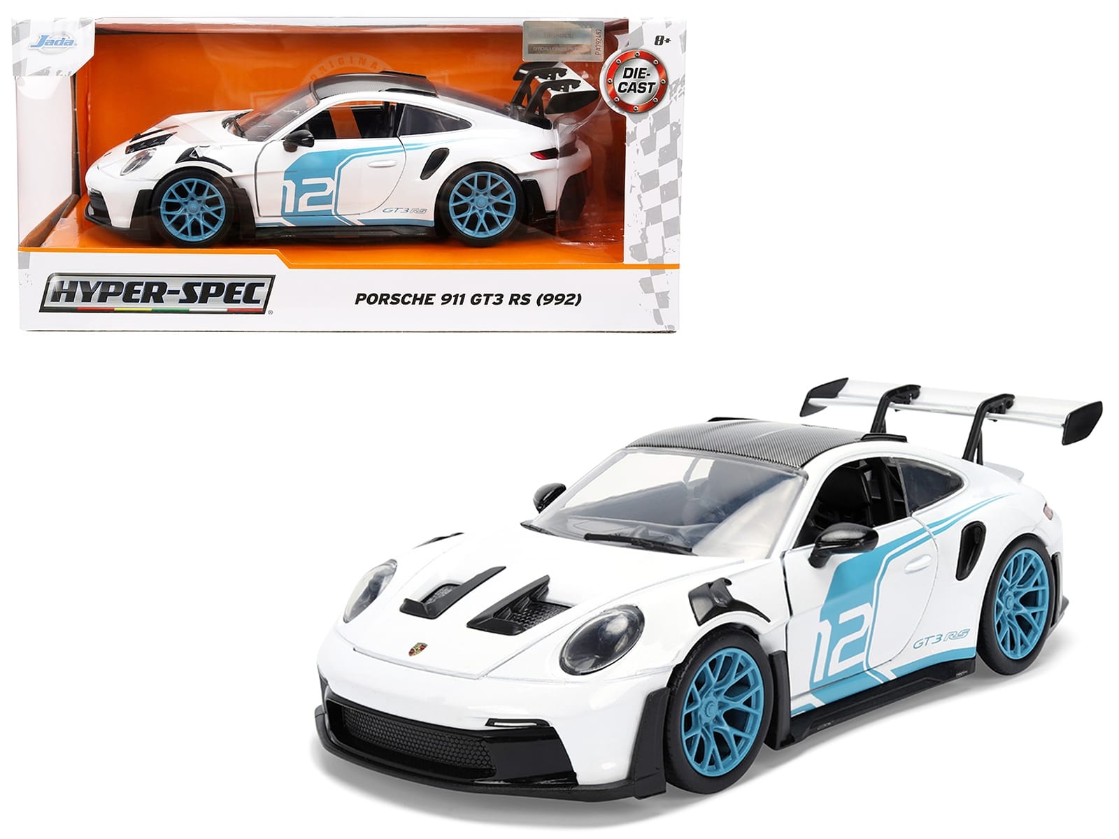 Porsche 911 GT3 RS (992) #12 White with Blue Stripes and Carbon Top "Hyper-Spec" Series 1/24 Diecast Model Car by Jada