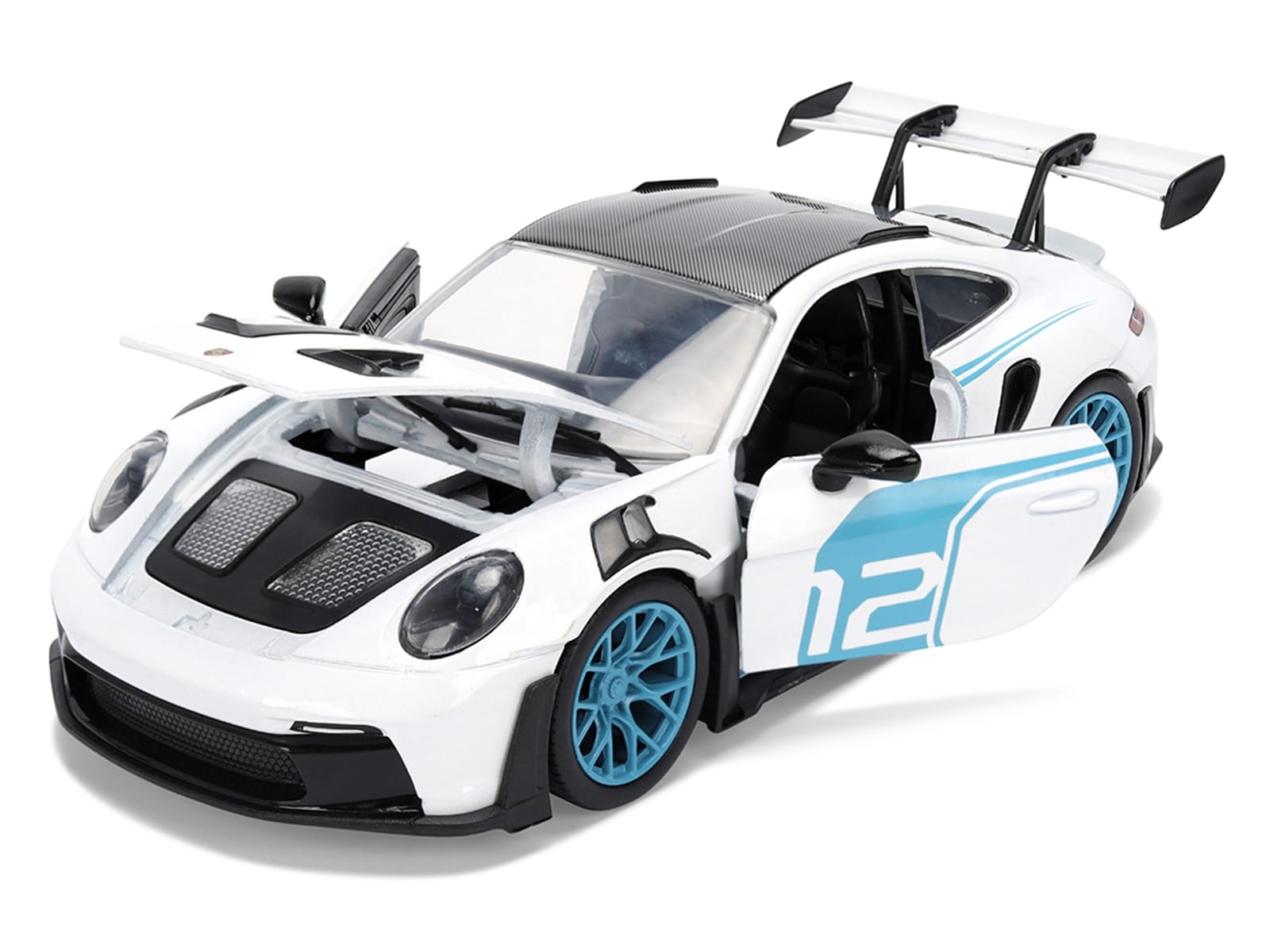 Porsche 911 GT3 RS (992) #12 White with Blue Stripes and Carbon Top "Hyper-Spec" Series 1/24 Diecast Model Car by Jada - Image 2