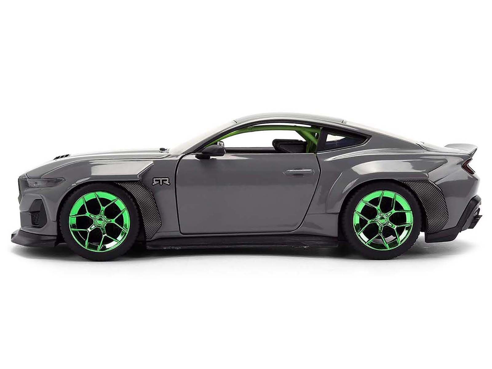 2024 Ford Mustang RTR Gray with Green Wheels "Bigtime Muscle" Series 1/24 Diecast Model Car by Jada - Image 3