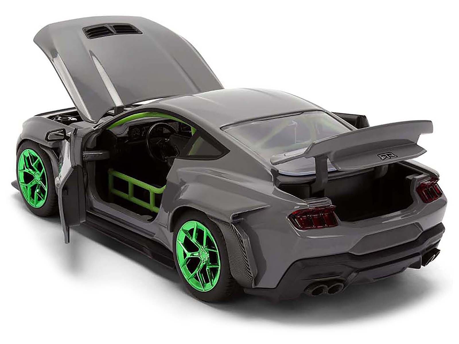 2024 Ford Mustang RTR Gray with Green Wheels "Bigtime Muscle" Series 1/24 Diecast Model Car by Jada - Image 4