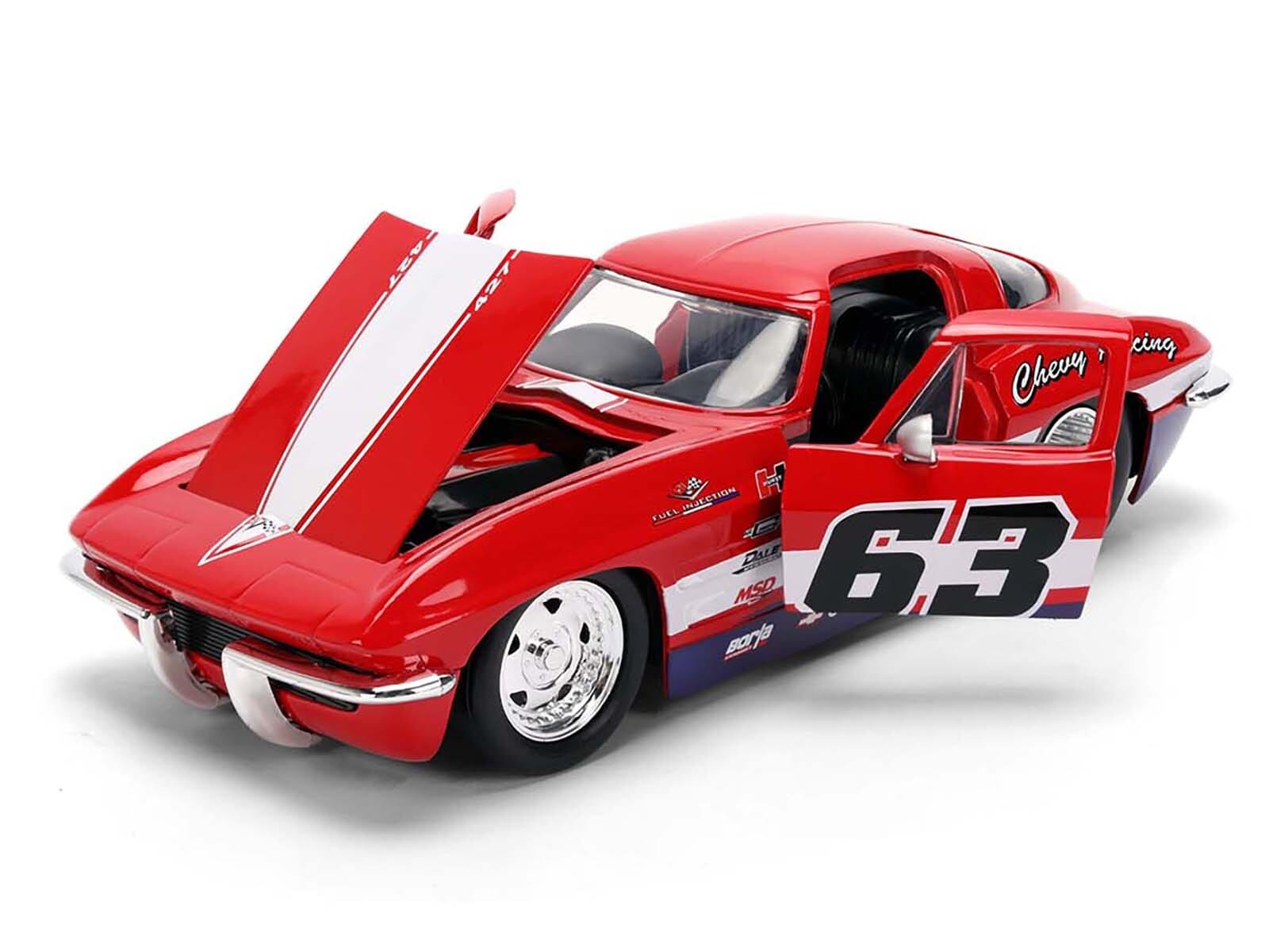 1963 Chevrolet Corvette Stingray #63 "Chevy Racing" Red with White and Blue Stripes "Bigtime Muscle" Series 1/24 Diecast Model Car by Jada - Image 2