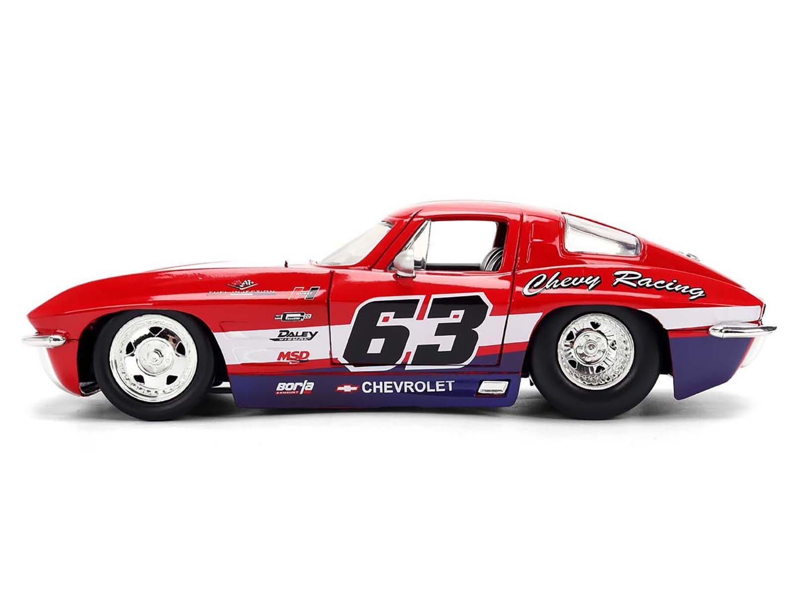1963 Chevrolet Corvette Stingray #63 "Chevy Racing" Red with White and Blue Stripes "Bigtime Muscle" Series 1/24 Diecast Model Car by Jada - Image 3