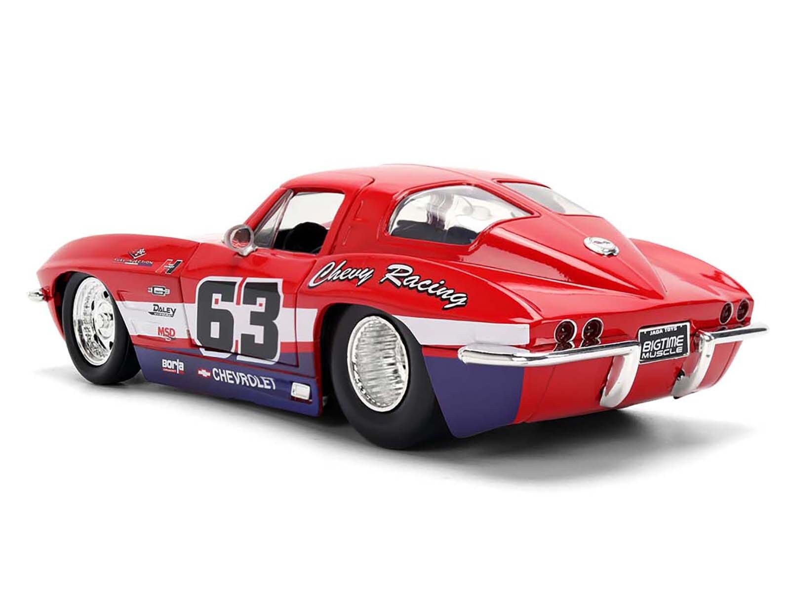 1963 Chevrolet Corvette Stingray #63 "Chevy Racing" Red with White and Blue Stripes "Bigtime Muscle" Series 1/24 Diecast Model Car by Jada - Image 5