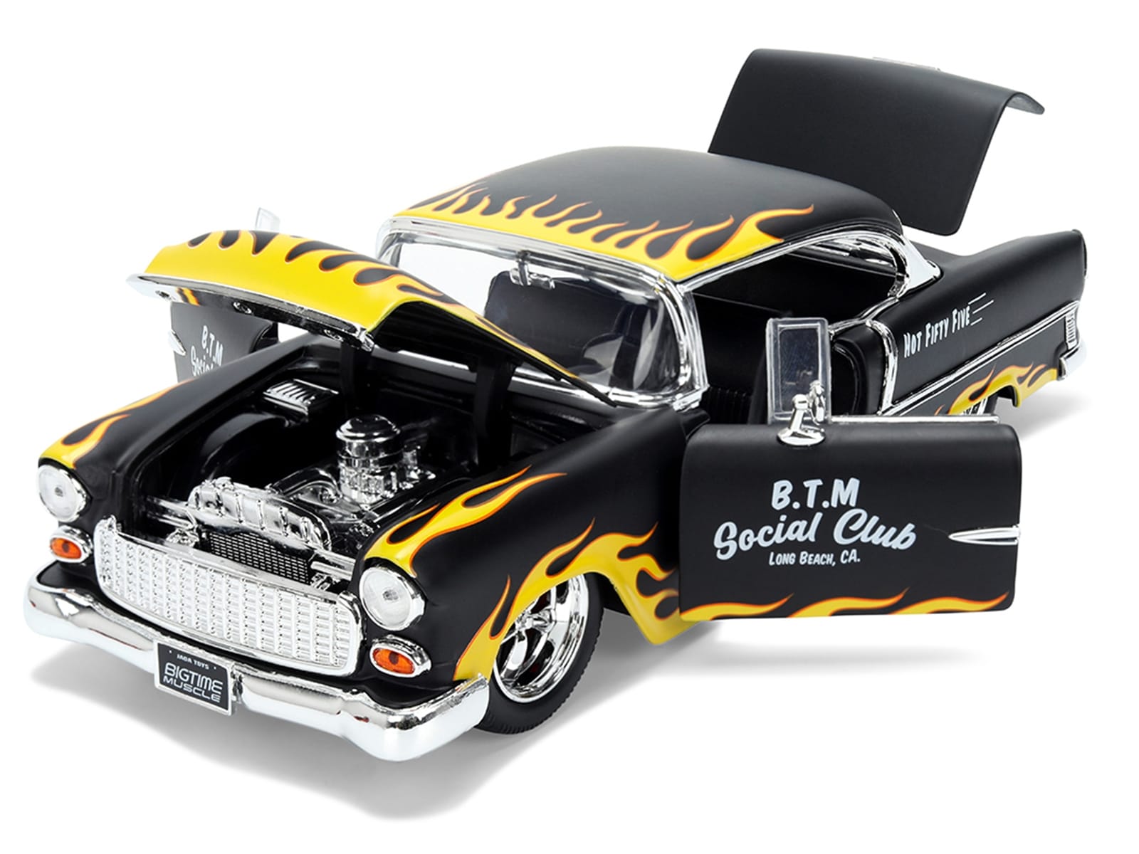 1955 Chevrolet Bel Air "BTM Social Club" Matt Black with Flames "Bigtime Muscle" Series 1/24 Diecast Model Car by Jada - Image 2