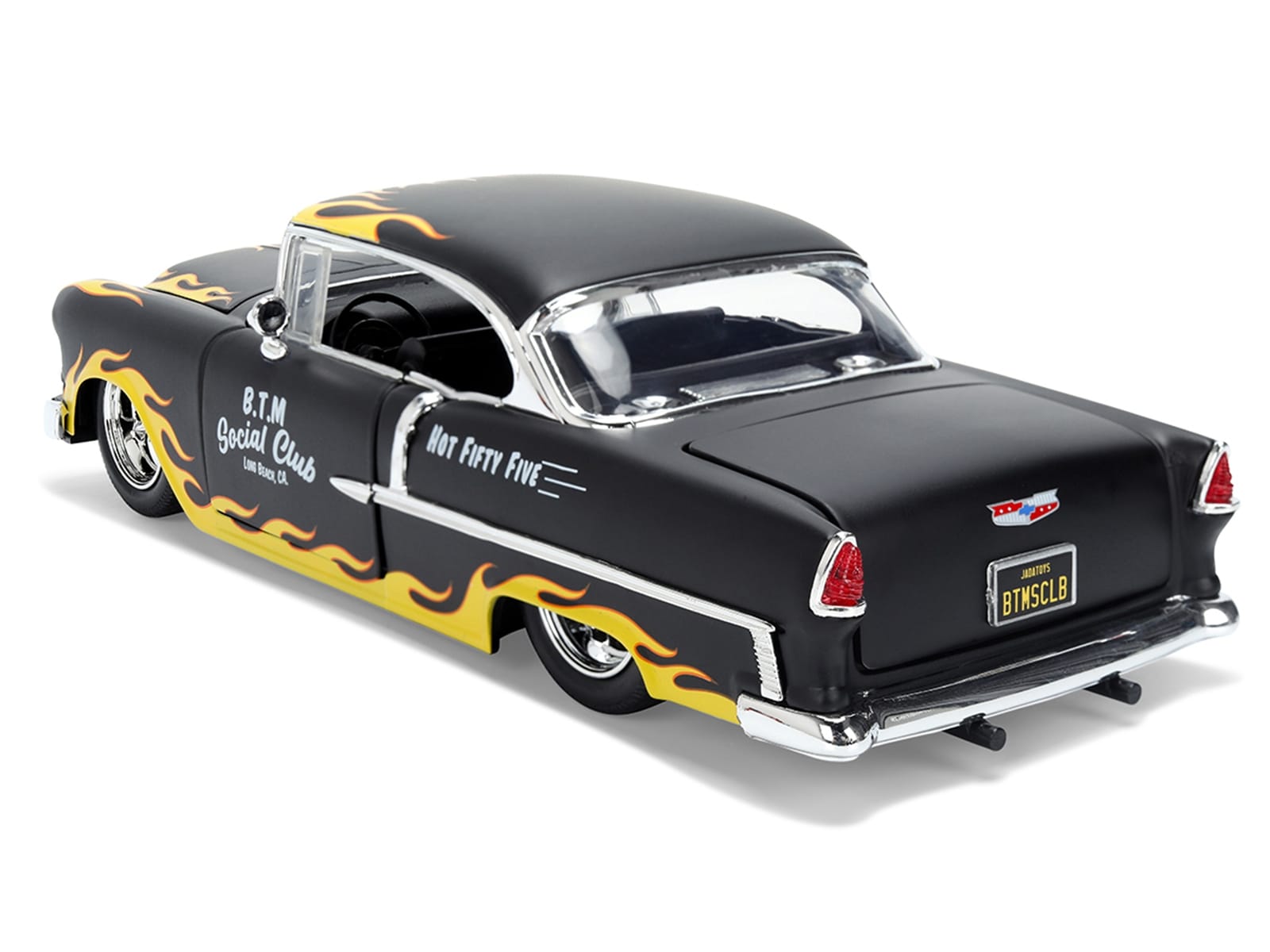 1955 Chevrolet Bel Air "BTM Social Club" Matt Black with Flames "Bigtime Muscle" Series 1/24 Diecast Model Car by Jada - Image 3