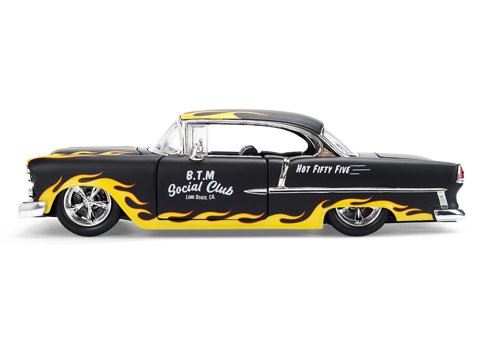 1955 Chevrolet Bel Air "BTM Social Club" Matt Black with Flames "Bigtime Muscle" Series 1/24 Diecast Model Car by Jada - Image 4