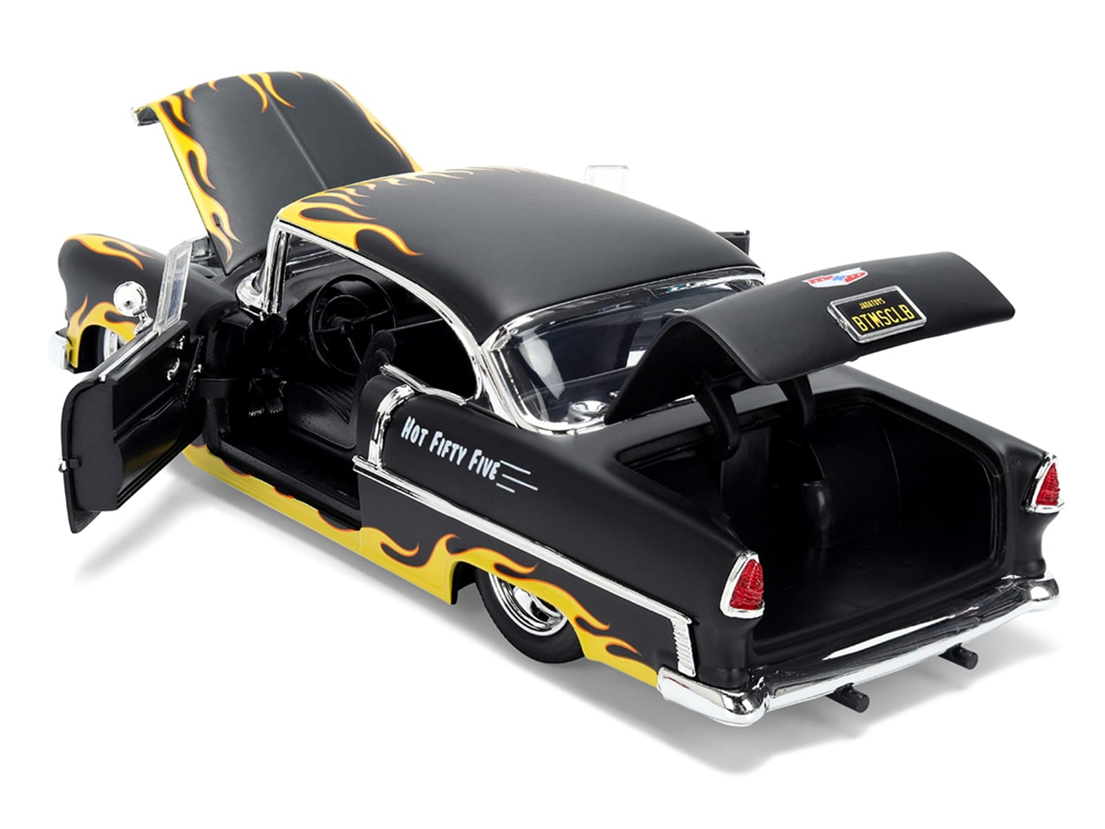 1955 Chevrolet Bel Air "BTM Social Club" Matt Black with Flames "Bigtime Muscle" Series 1/24 Diecast Model Car by Jada - Image 5