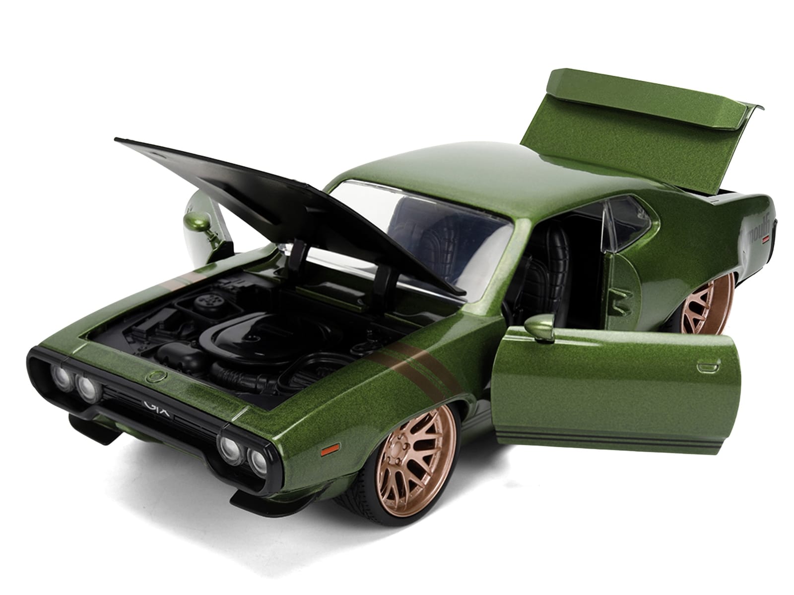 1972 Plymouth GTX Green Metallic with Matt Black Hood and Gold Stripes "Bigtime Muscle" Series 1/24 Diecast Model Car by Jada - Image 2