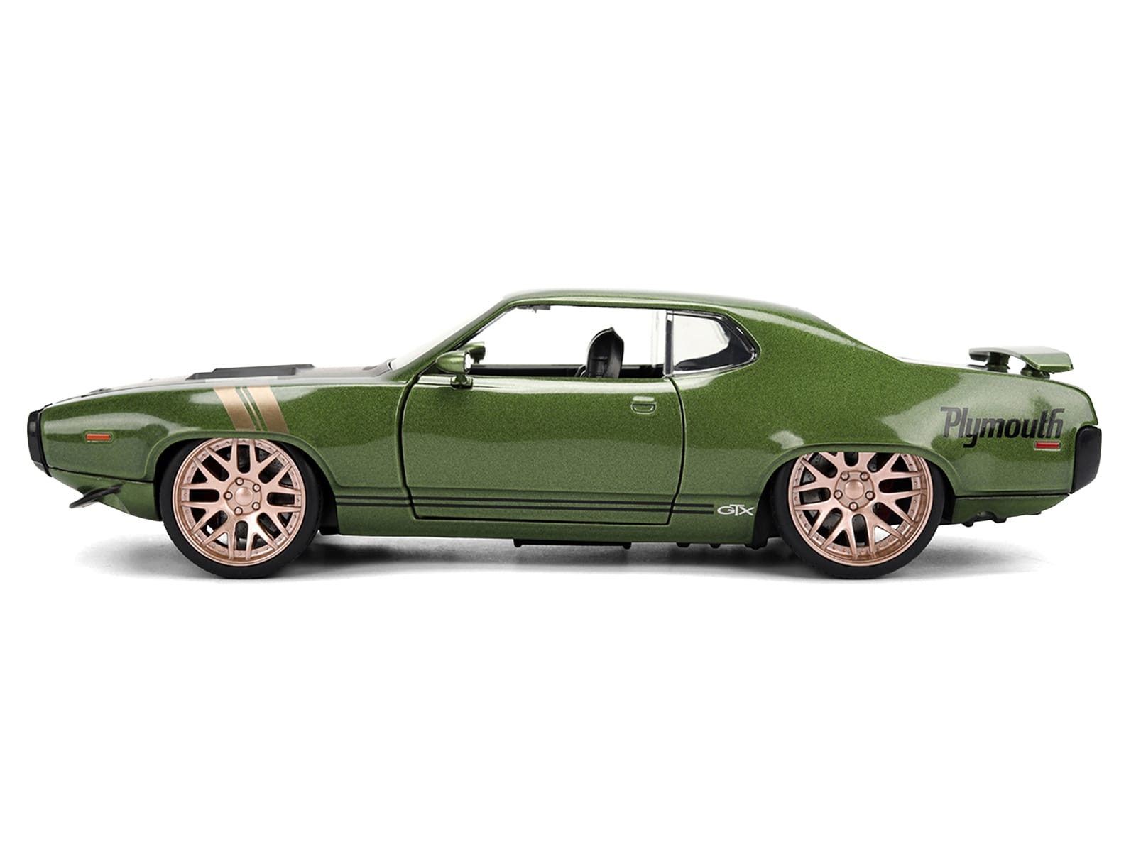 1972 Plymouth GTX Green Metallic with Matt Black Hood and Gold Stripes "Bigtime Muscle" Series 1/24 Diecast Model Car by Jada - Image 3