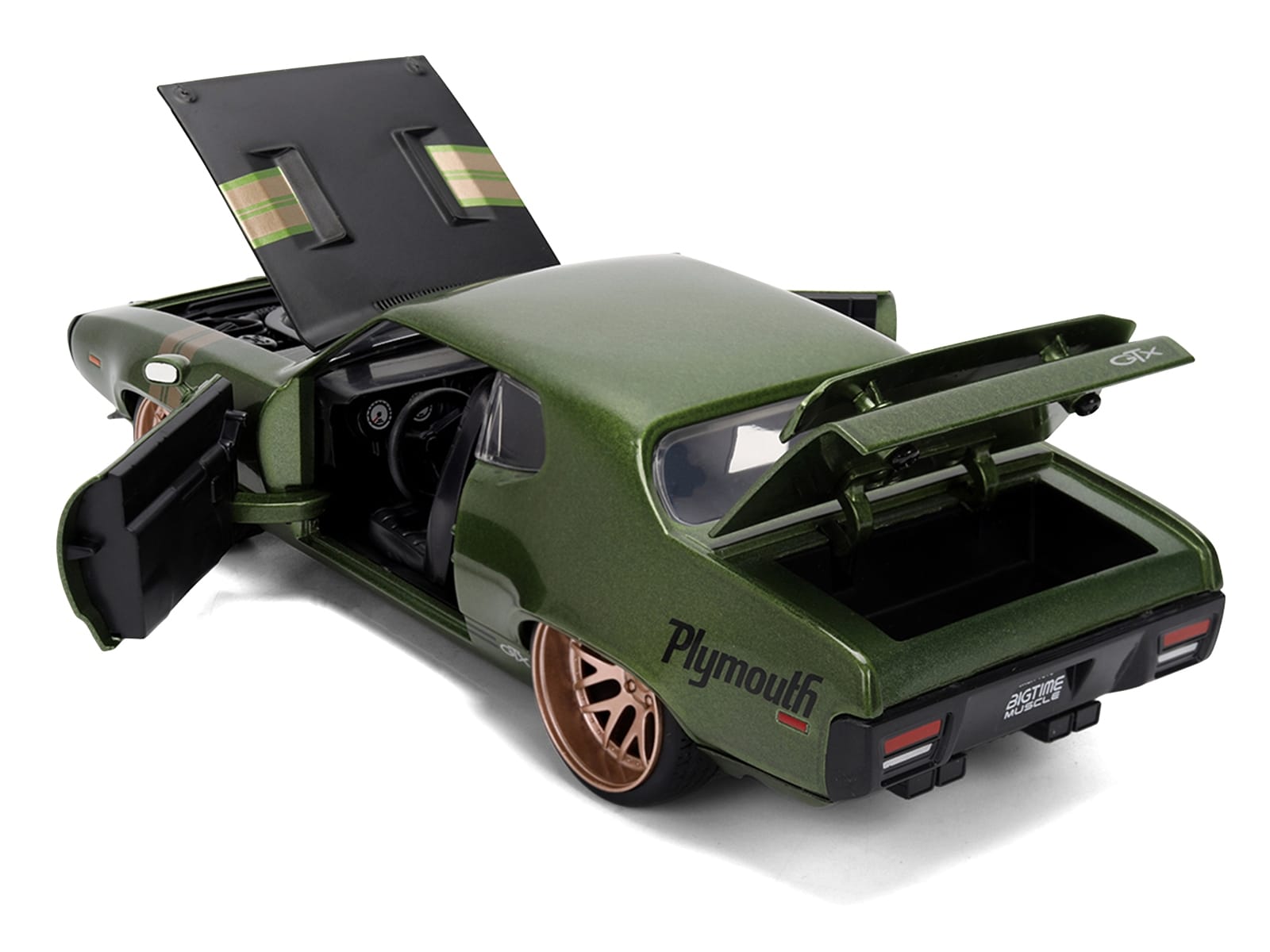 1972 Plymouth GTX Green Metallic with Matt Black Hood and Gold Stripes "Bigtime Muscle" Series 1/24 Diecast Model Car by Jada - Image 4