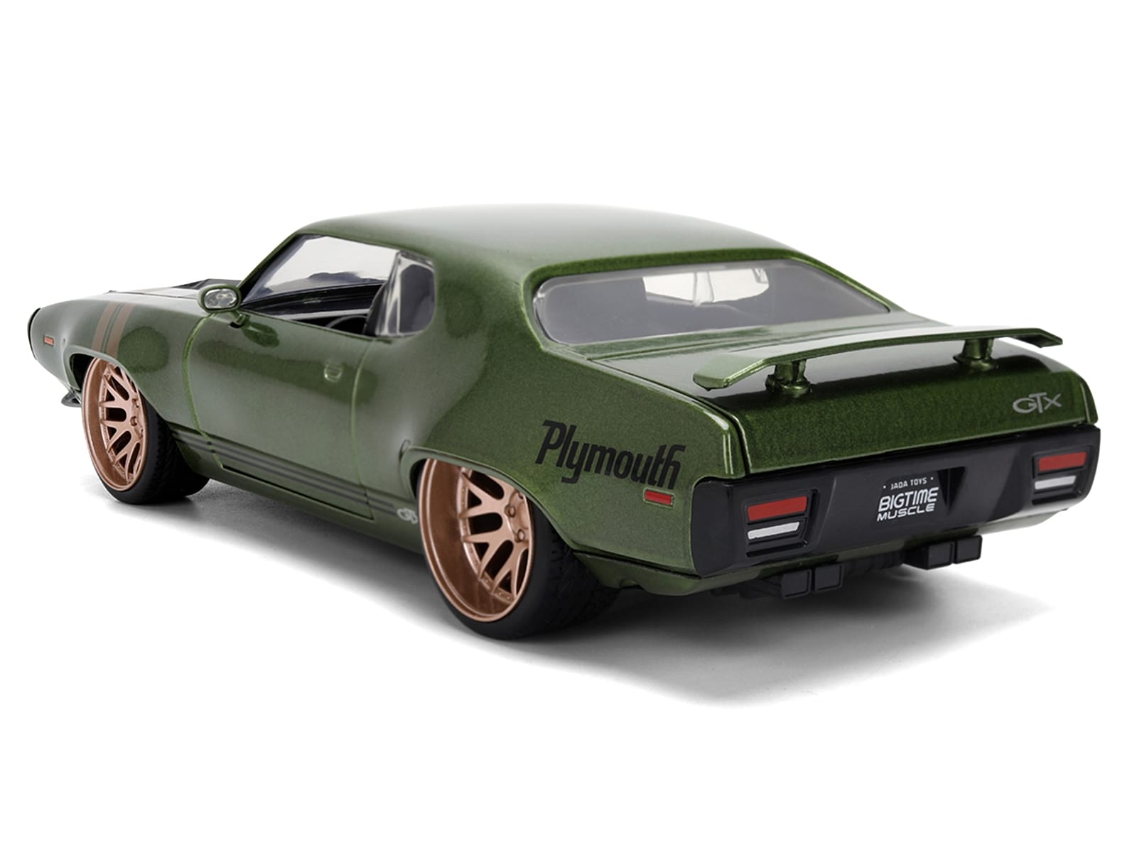 1972 Plymouth GTX Green Metallic with Matt Black Hood and Gold Stripes "Bigtime Muscle" Series 1/24 Diecast Model Car by Jada - Image 5