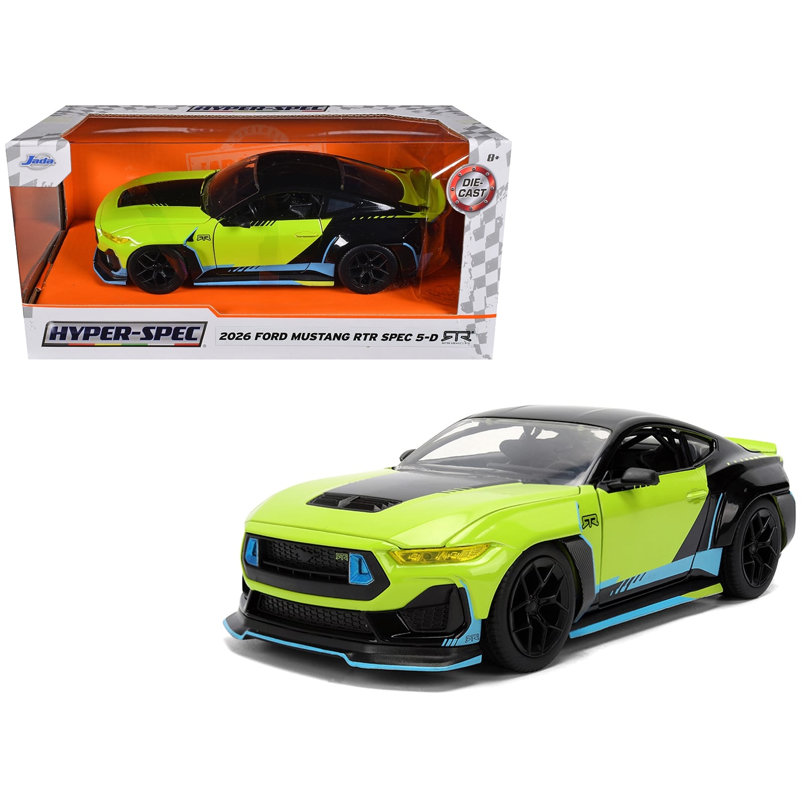2026 Ford Mustang RTR Spec 5-D Lime Green with Black Top and Graphics "Hyper-Spec" Series 1/24 Diecast Model Car by Jada