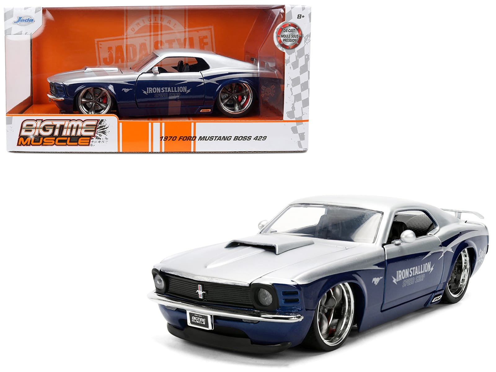 1970 Ford Mustang Boss 429 "Iron Stallion Speed Shop" Silver and Dark Blue Metallic "Bigtime Muscle" Series 1/24 Diecast Model Car by Jada