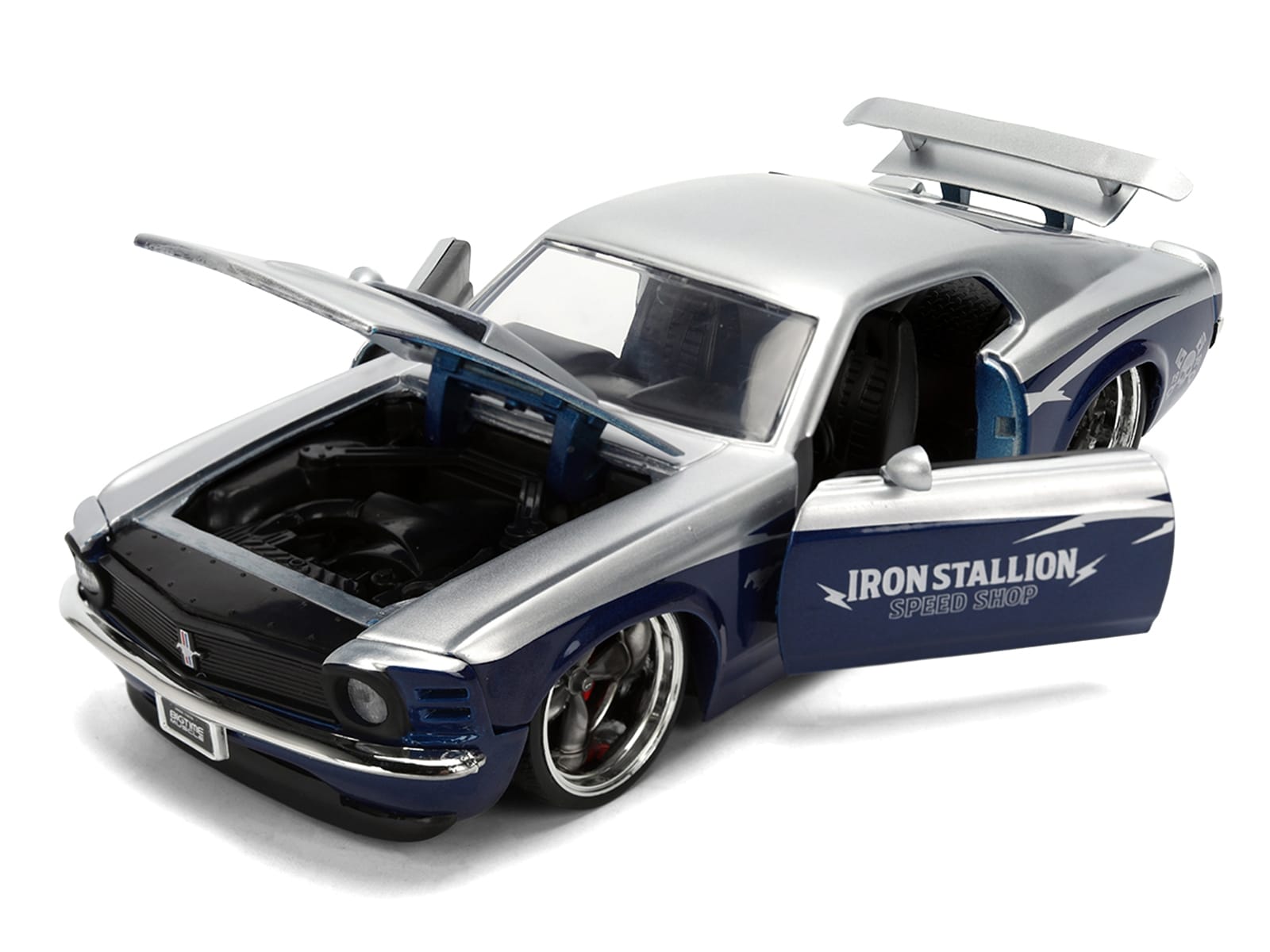 1970 Ford Mustang Boss 429 "Iron Stallion Speed Shop" Silver and Dark Blue Metallic "Bigtime Muscle" Series 1/24 Diecast Model Car by Jada - Image 2