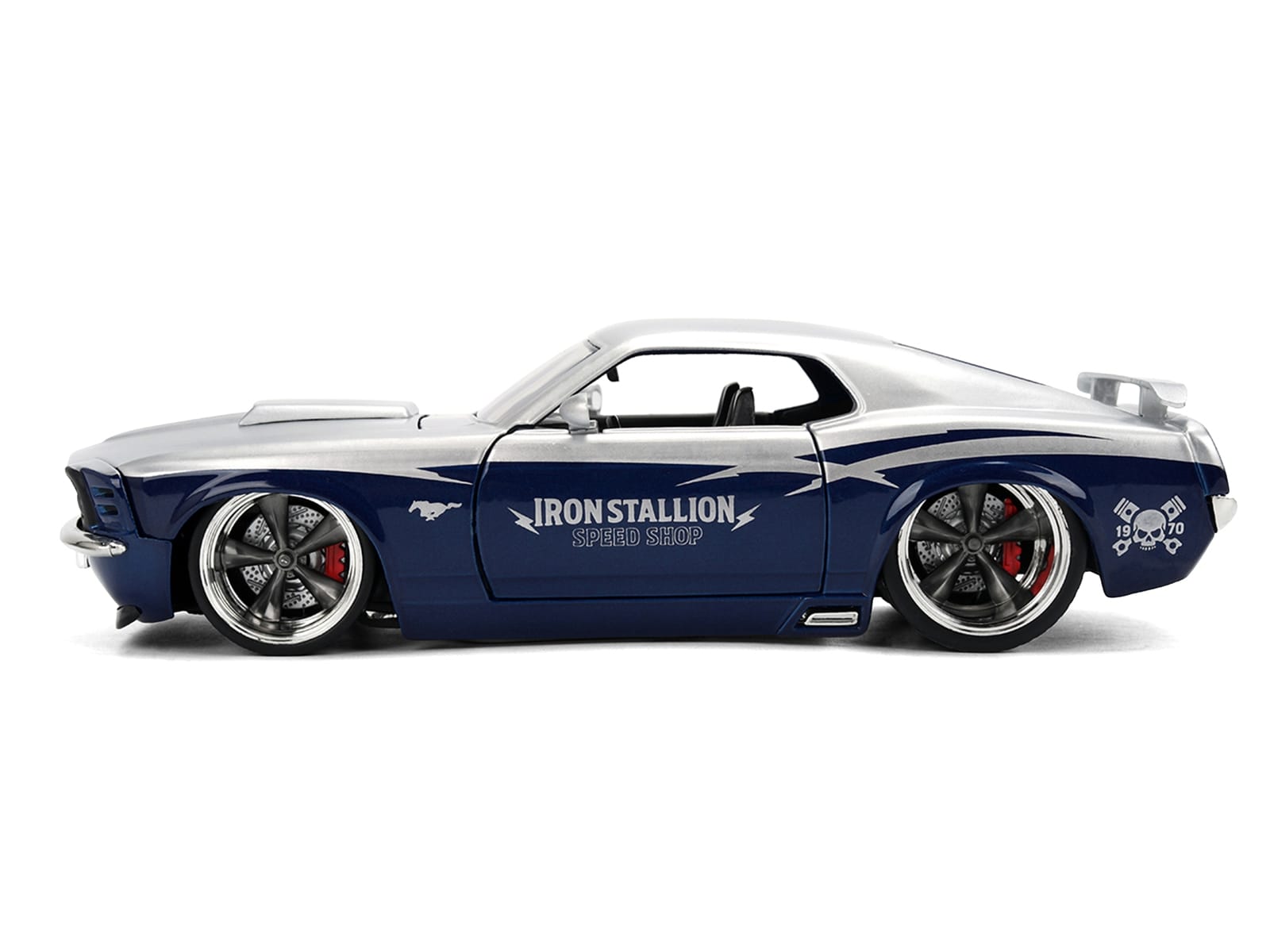 1970 Ford Mustang Boss 429 "Iron Stallion Speed Shop" Silver and Dark Blue Metallic "Bigtime Muscle" Series 1/24 Diecast Model Car by Jada - Image 3