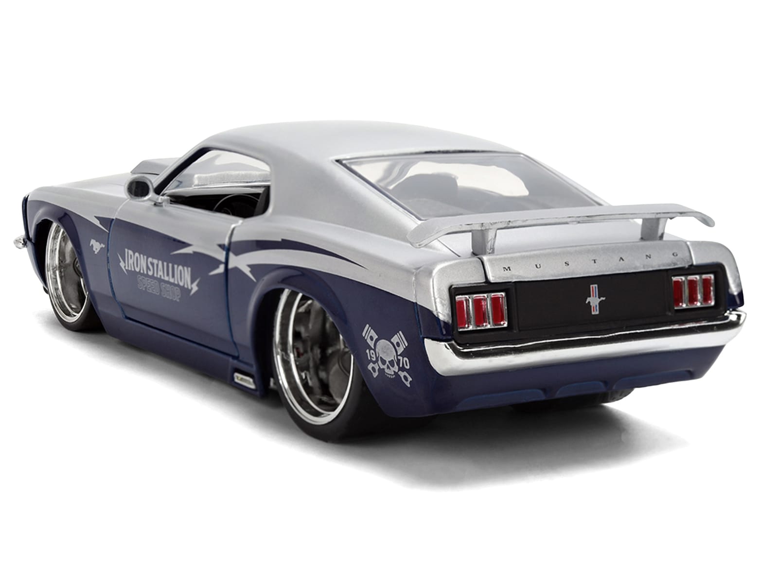 1970 Ford Mustang Boss 429 "Iron Stallion Speed Shop" Silver and Dark Blue Metallic "Bigtime Muscle" Series 1/24 Diecast Model Car by Jada - Image 5