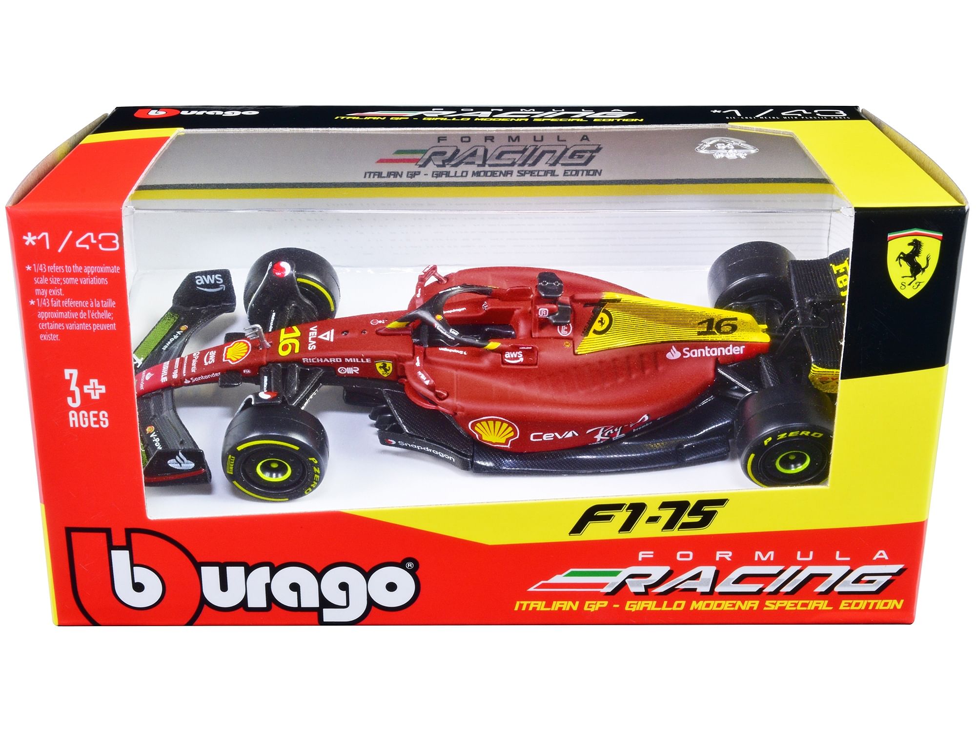 Ferrari F1-75 #16 Charles Leclerc “Giallo Modena” 2nd Place Formula One F1 Italian GP (2022) “Formula Racing” Series 1/43 Diecast Model Car by Bburago