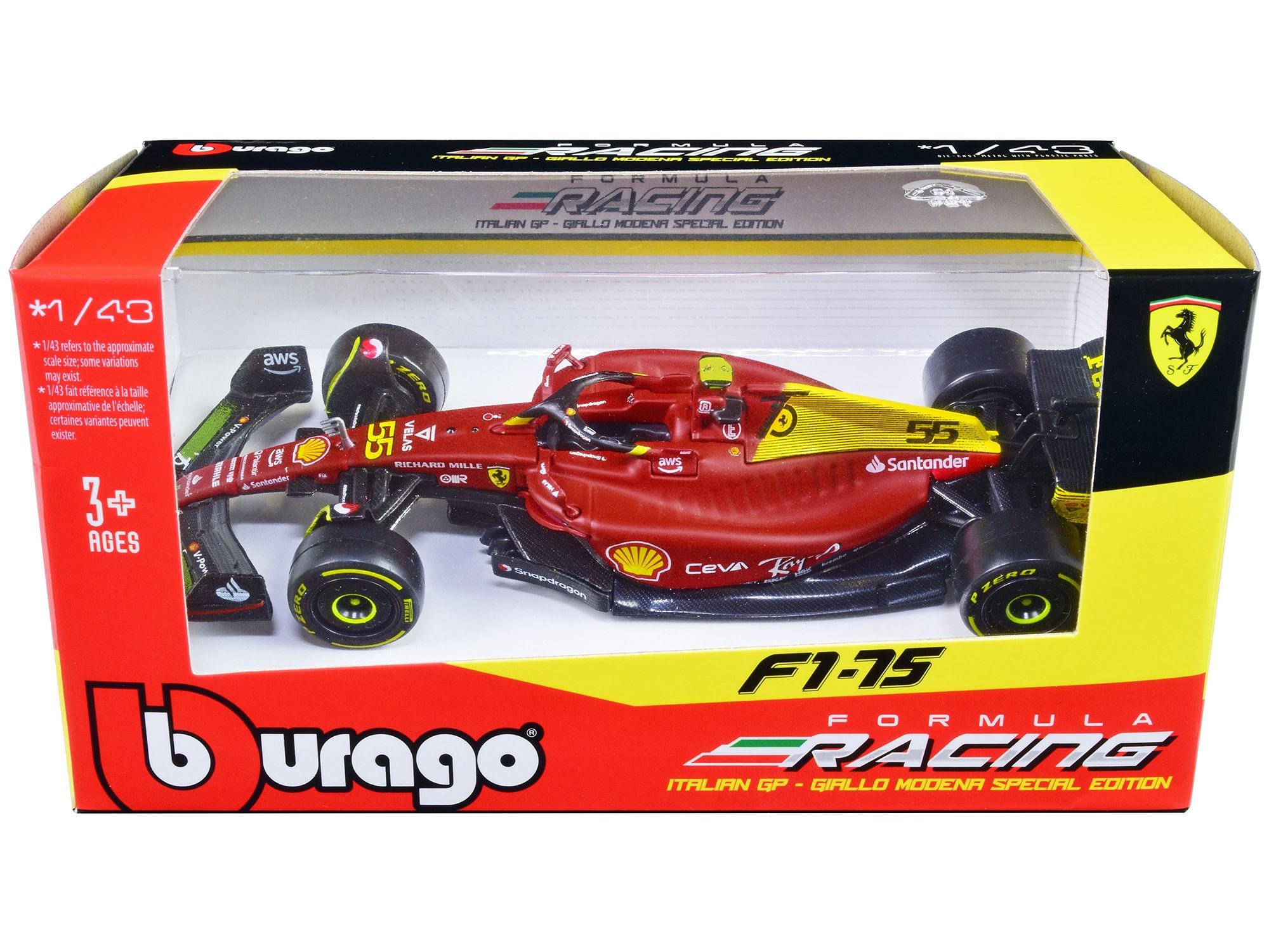 Ferrari F1-75 #55 Carlos Sainz “Giallo Modena” Formula One F1 Italian GP (2022) “Formula Racing” Series 1/43 Diecast Model Car by Bburago