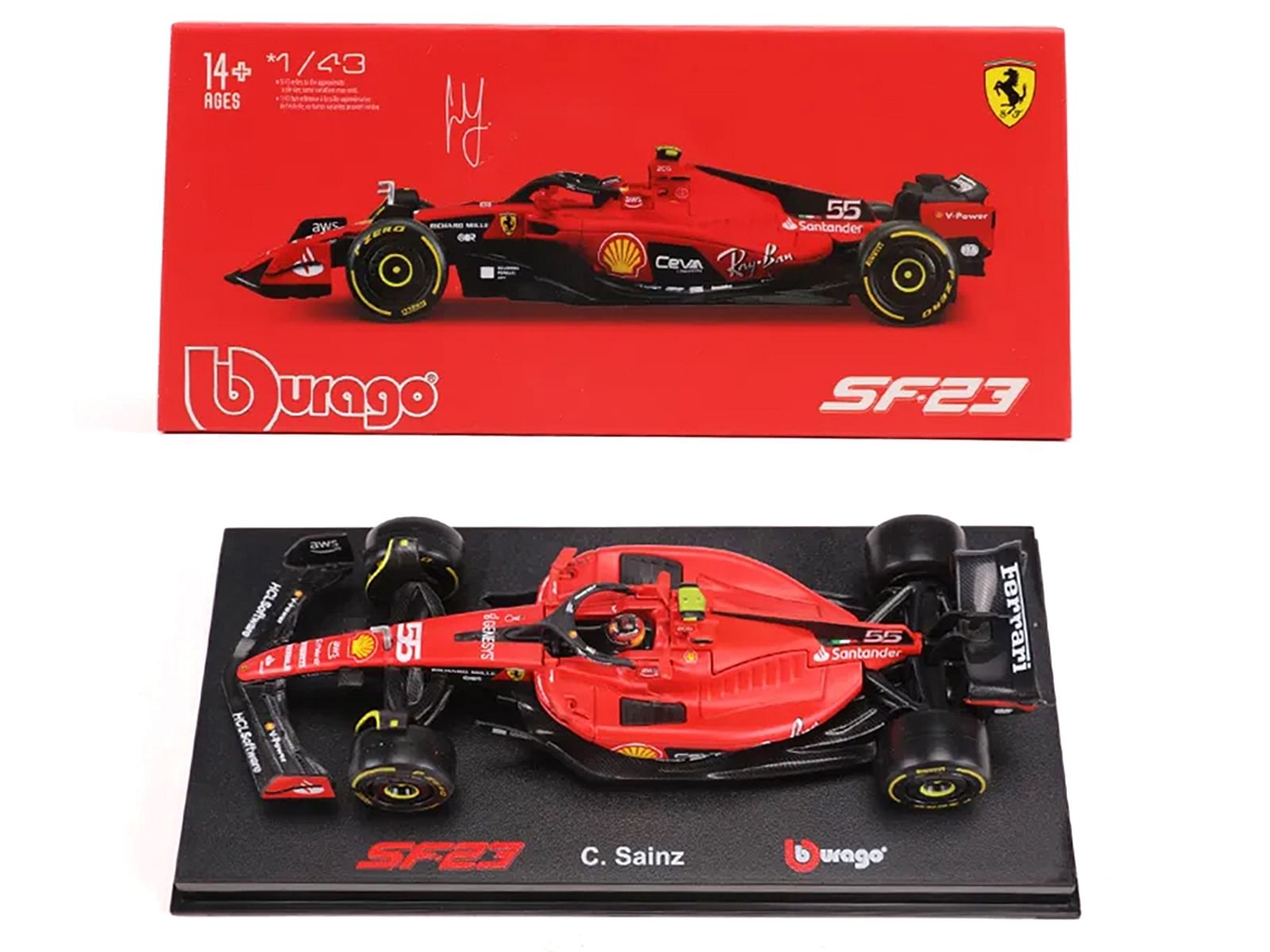 Ferrari SF-23 #55 Carlos Sainz “Formula One F1 World Championship” (2023) with Display Case “Formula Racing” Series 1/43 Diecast Model Car by Bburago