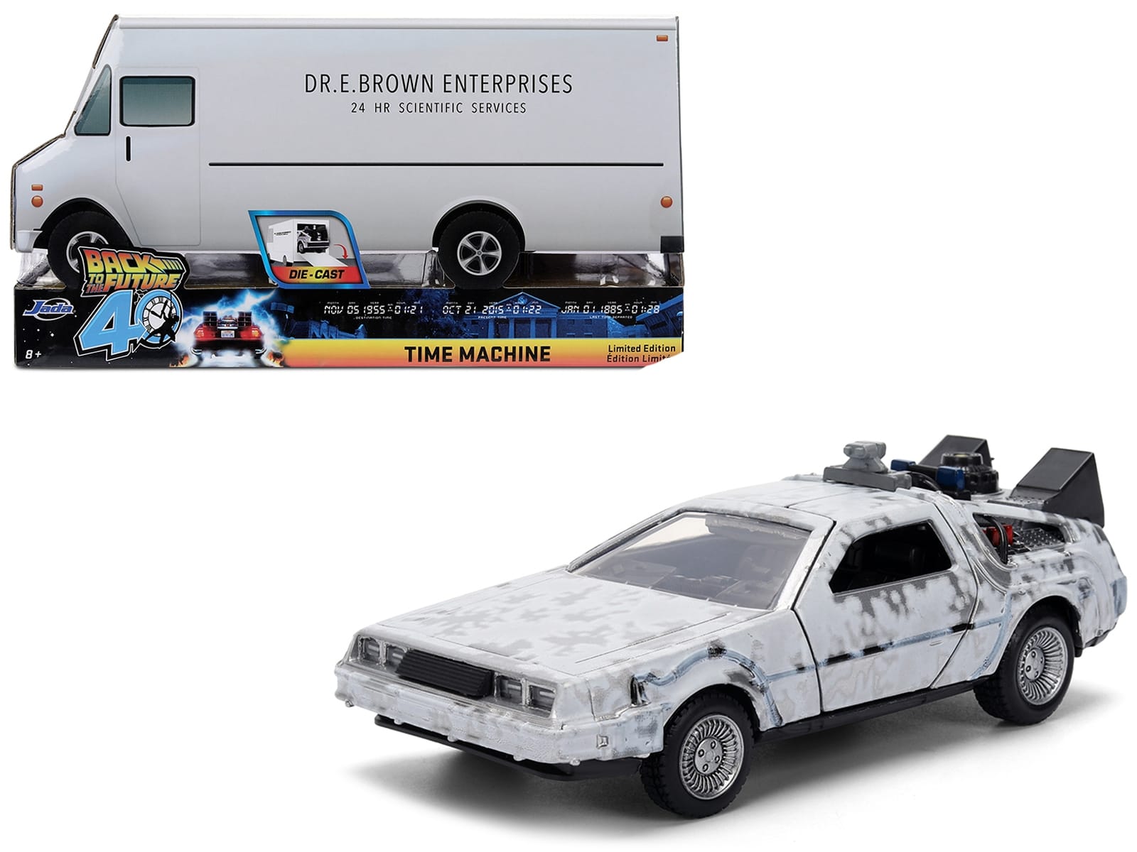 DMC DeLorean Time Machine Brushed Metal (Frost Version) "Back to the Future" (1985) Movie "40th Anniversary" Special Packaging "Hollywood Rides" Series 1/32 Diecast Model Car by Jada
