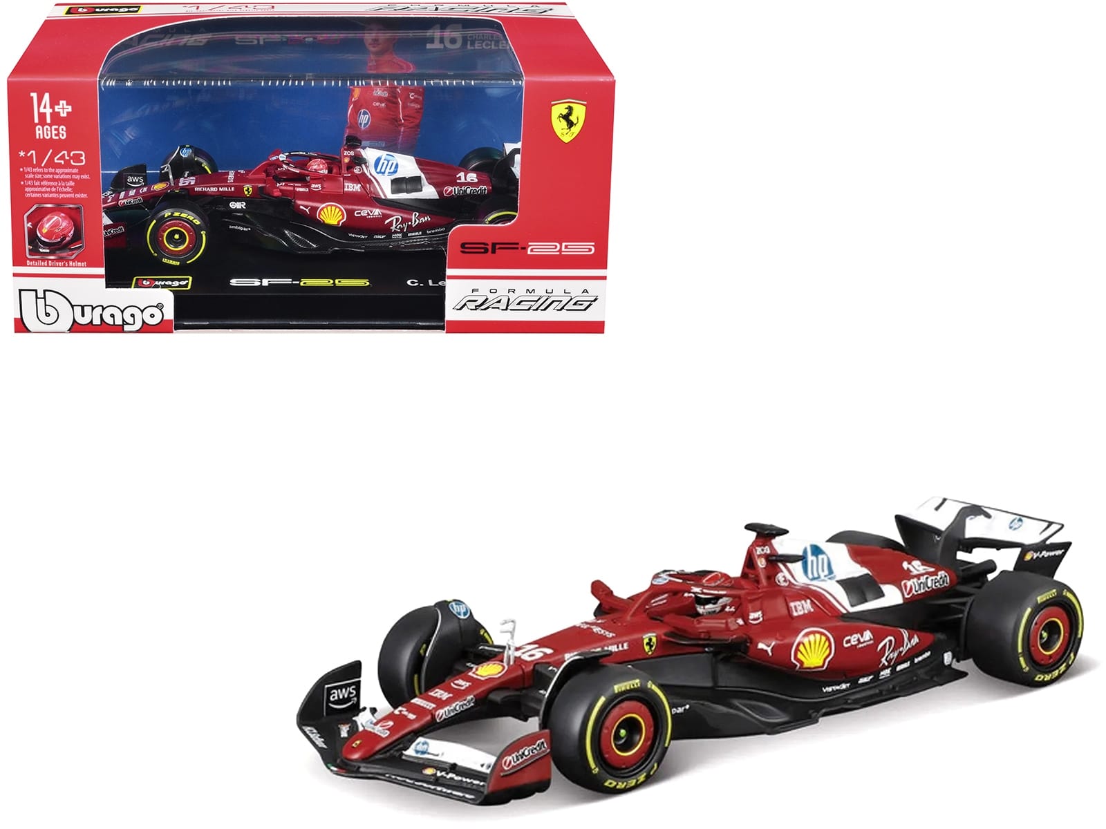 Ferrari SF-25 #16 Charles Leclerc Formula One F1 "World Championship" (2025) with Display Case 1/43 Diecast Model Car by Bburago