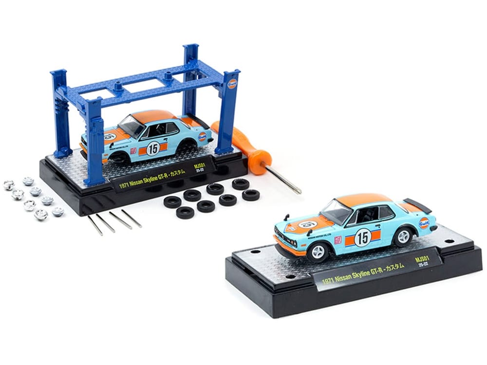 1971 Nissan Skyline GT-R RHD (Right Hand Drive) #15 "Gulf Oil" Light Blue and Orange "Auto-Lifts" Series Limited Edition to 3300 pieces Worldwide 1/64 Diecast Model Car by M2 Machines - Image 2