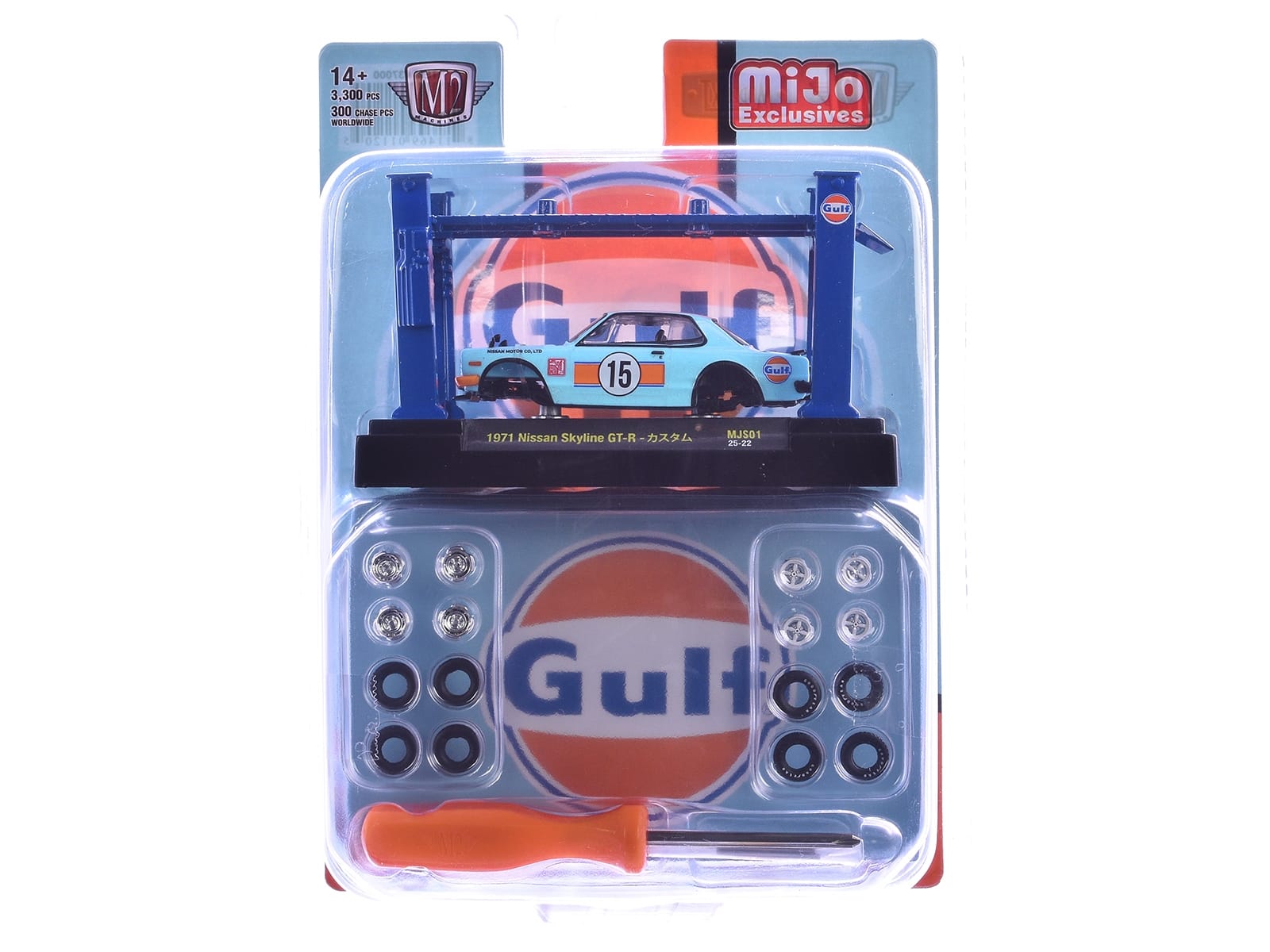1971 Nissan Skyline GT-R RHD (Right Hand Drive) #15 "Gulf Oil" Light Blue and Orange "Auto-Lifts" Series Limited Edition to 3300 pieces Worldwide 1/64 Diecast Model Car by M2 Machines - Image 3