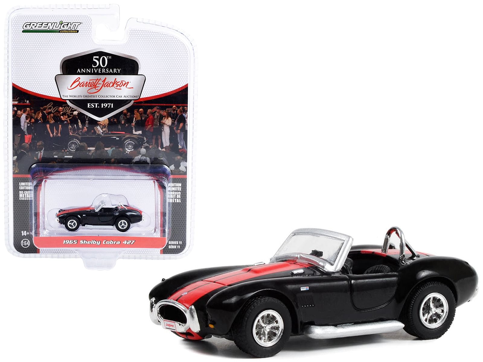 1965 Shelby Cobra 427 Black with Red Stripes (Lot #3002) Barrett Jackson “Scottsdale Edition” Series 11 1/64 Diecast Model Car by Greenlight