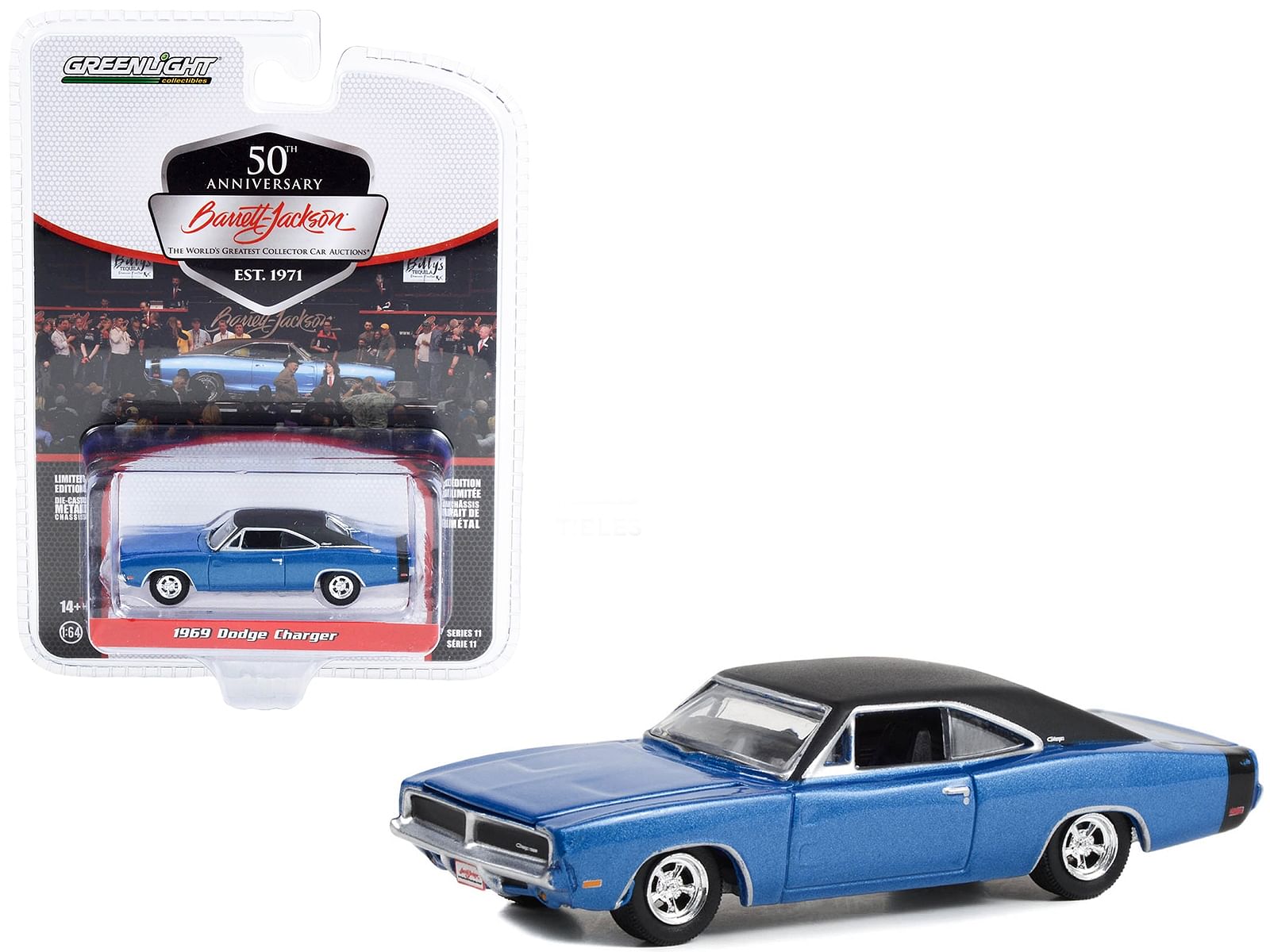 1969 Dodge Charger Blue Metallic with Black Vinyl Top and Tail Stripe (Lot #465.1) Barrett Jackson “Scottsdale Edition” Series 11 1/64 Diecast Model Car by Greenlight