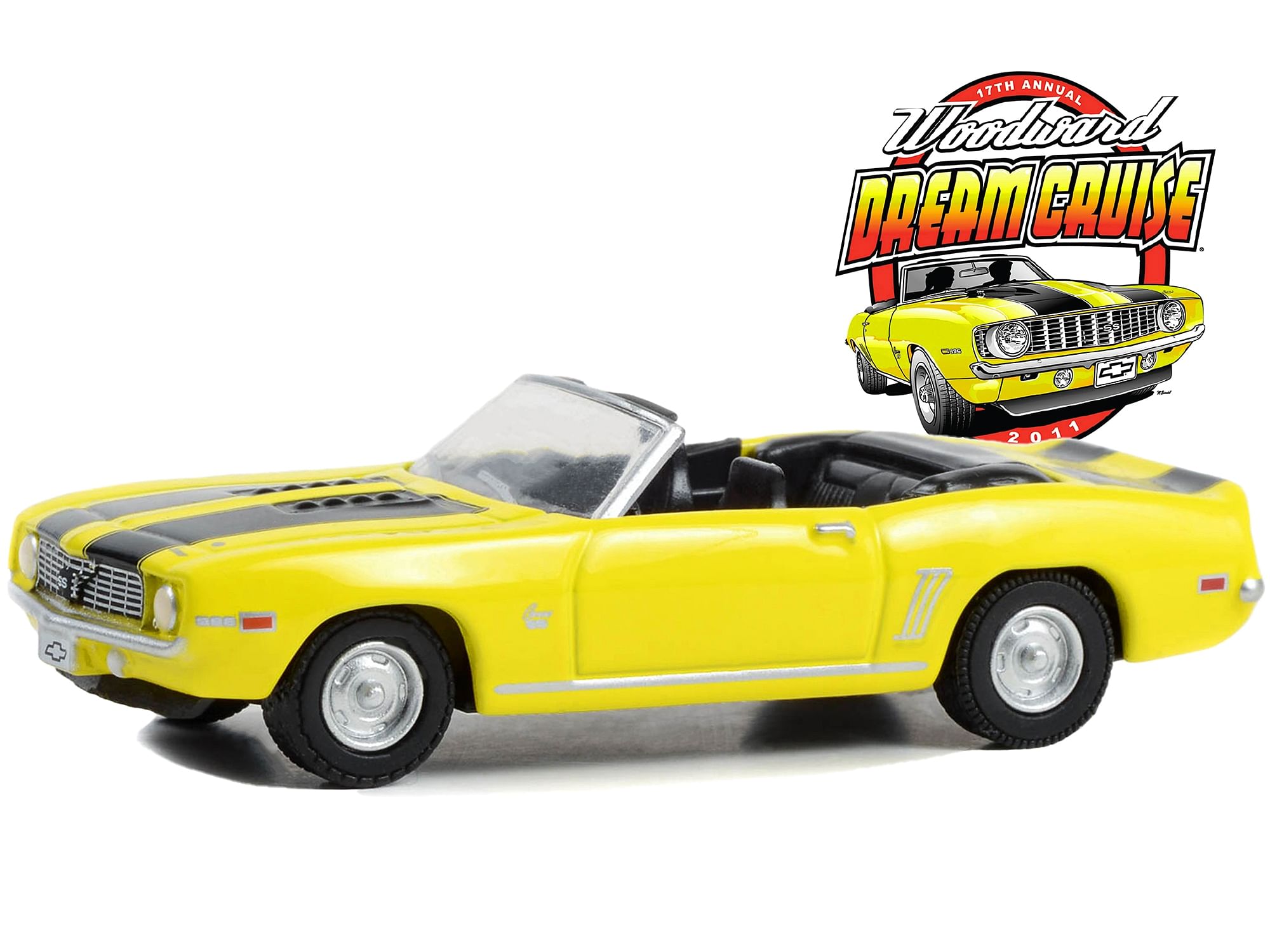 1969 Chevrolet Camaro SS Convertible Yellow with Black Stripes “17th Annual Woodward Dream Cruise Featured Heritage Vehicle” (2011) “Woodward Dream Cruise” Series 1 1/64 Diecast Model Car by Greenlight