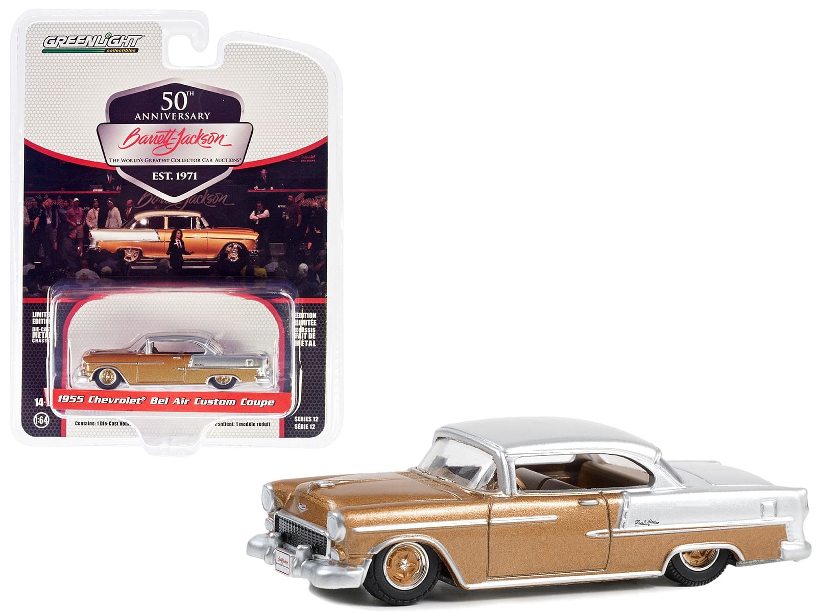 1955 Chevrolet Bel Air Custom Coupe Rose Gold Metallic and Silver Metallic with Gold Interior (Lot #1275.1) Barrett Jackson “Scottsdale Edition” Series 12 1/64 Diecast Model Car by Greenlight