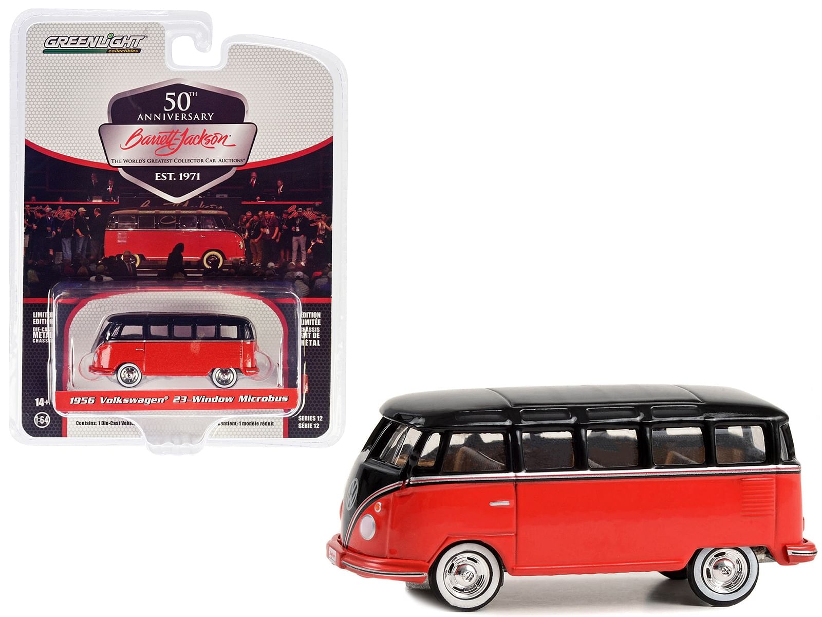 1956 Volkswagen 23 Window Microbus (Lot #1438.1) Barrett Jackson Red and Black with Tan Interior “Scottsdale Edition” Series 12 1/64 Diecast Model Car by Greenlight