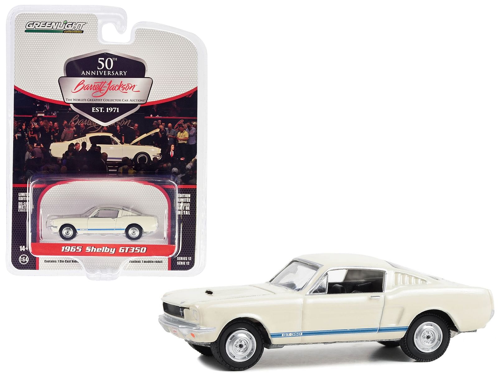 1965 Shelby GT350 White with Blue Stripes (Lot #1381) Barrett Jackson “Scottsdale Edition” Series 12 1/64 Diecast Model Car by Greenlight