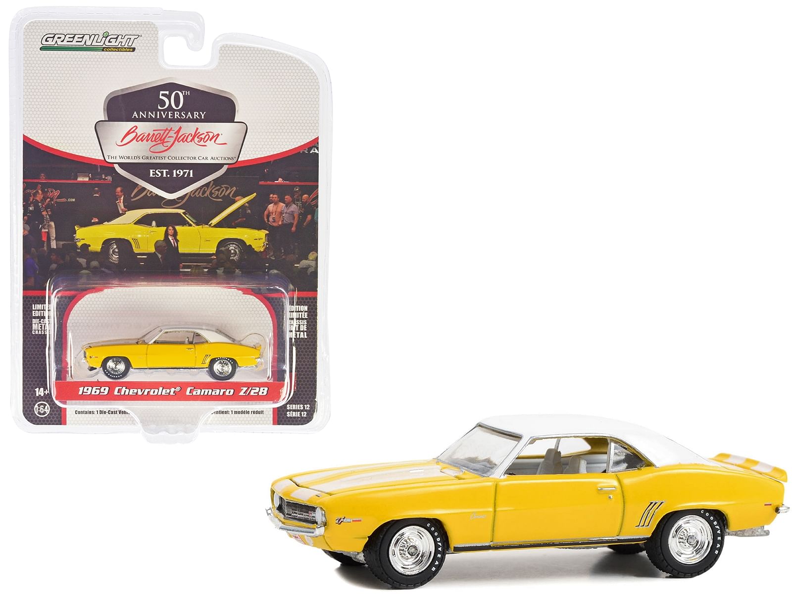 1969 Chevrolet Camaro Z/28 Daytona Yellow with White Stripes Top and Interior (Lot #1043) Barrett Jackson “Scottsdale Edition” Series 12 1/64 Diecast Model Car by Greenlight